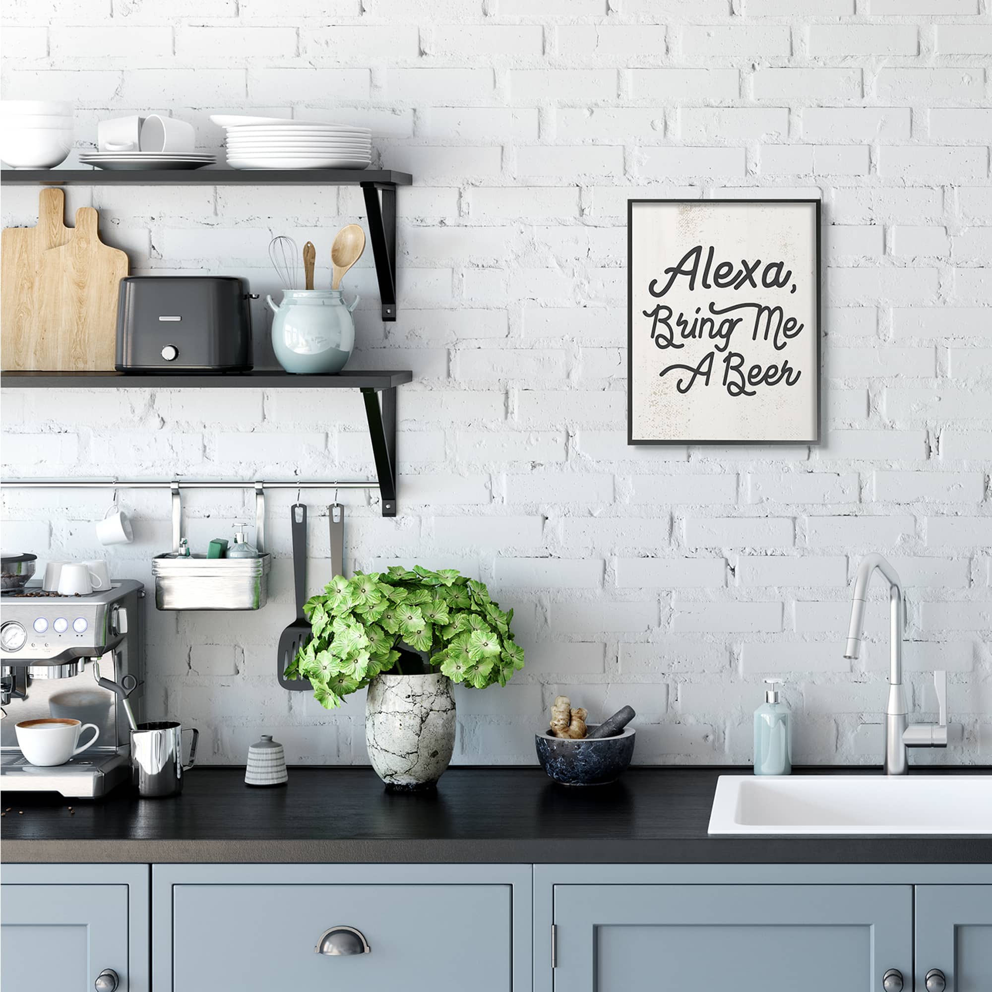 Stupell Industries Alexa Bring Me Beer Distressed Kitchen Sign in Frame Wall Art
