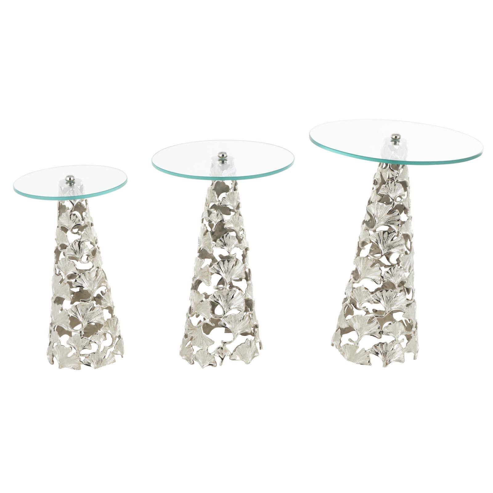 Silver Accent Table with Tempered Glass Tabletops Set