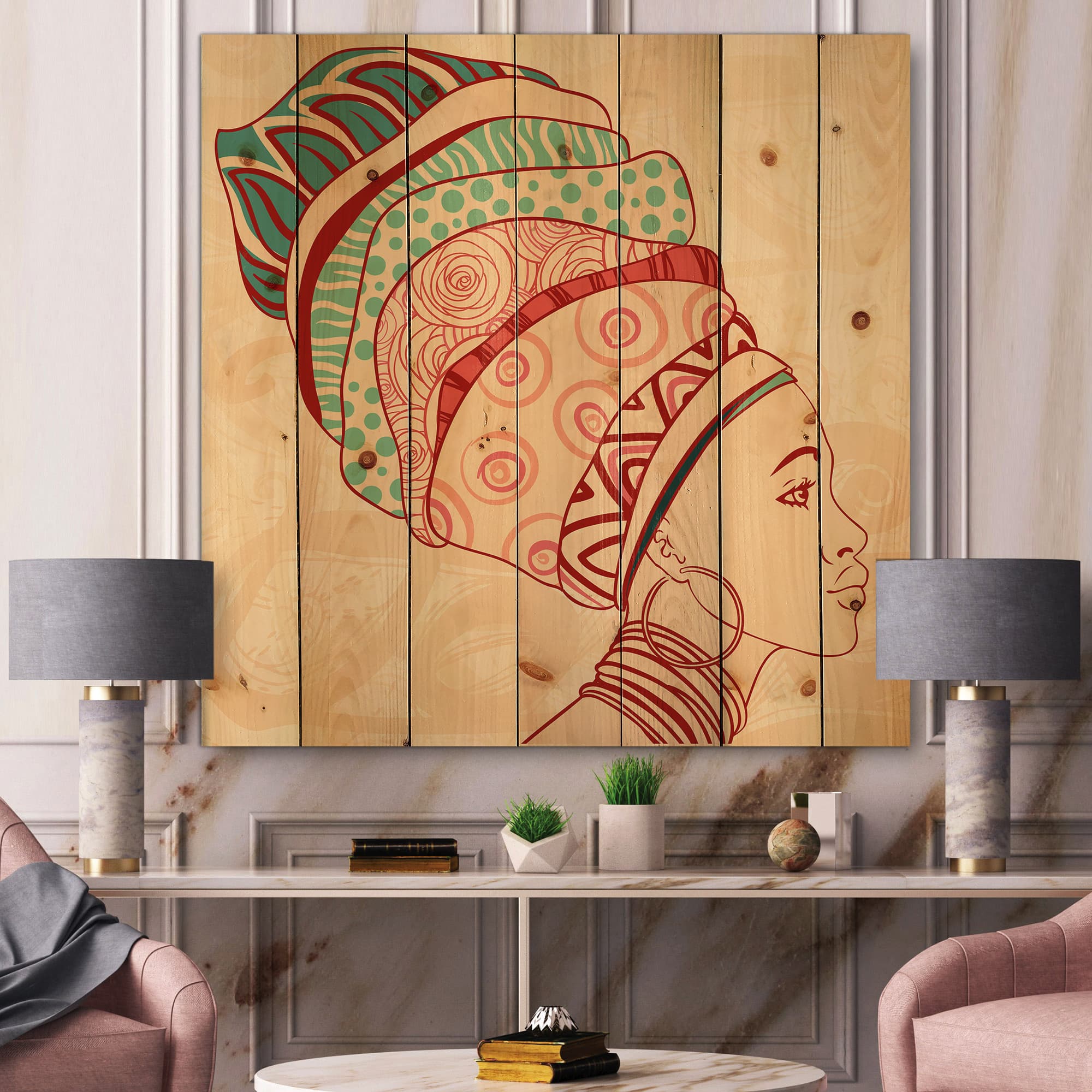 Designart - African American Woman with Turban II - Modern Print on Natural Pine Wood