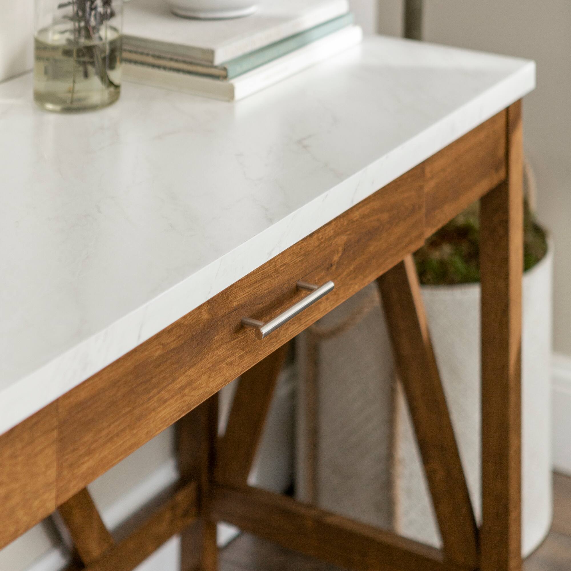 Walker Edison 46" Natural Walnut/Faux White Marble A Frame Wood Computer Desk with Drawer