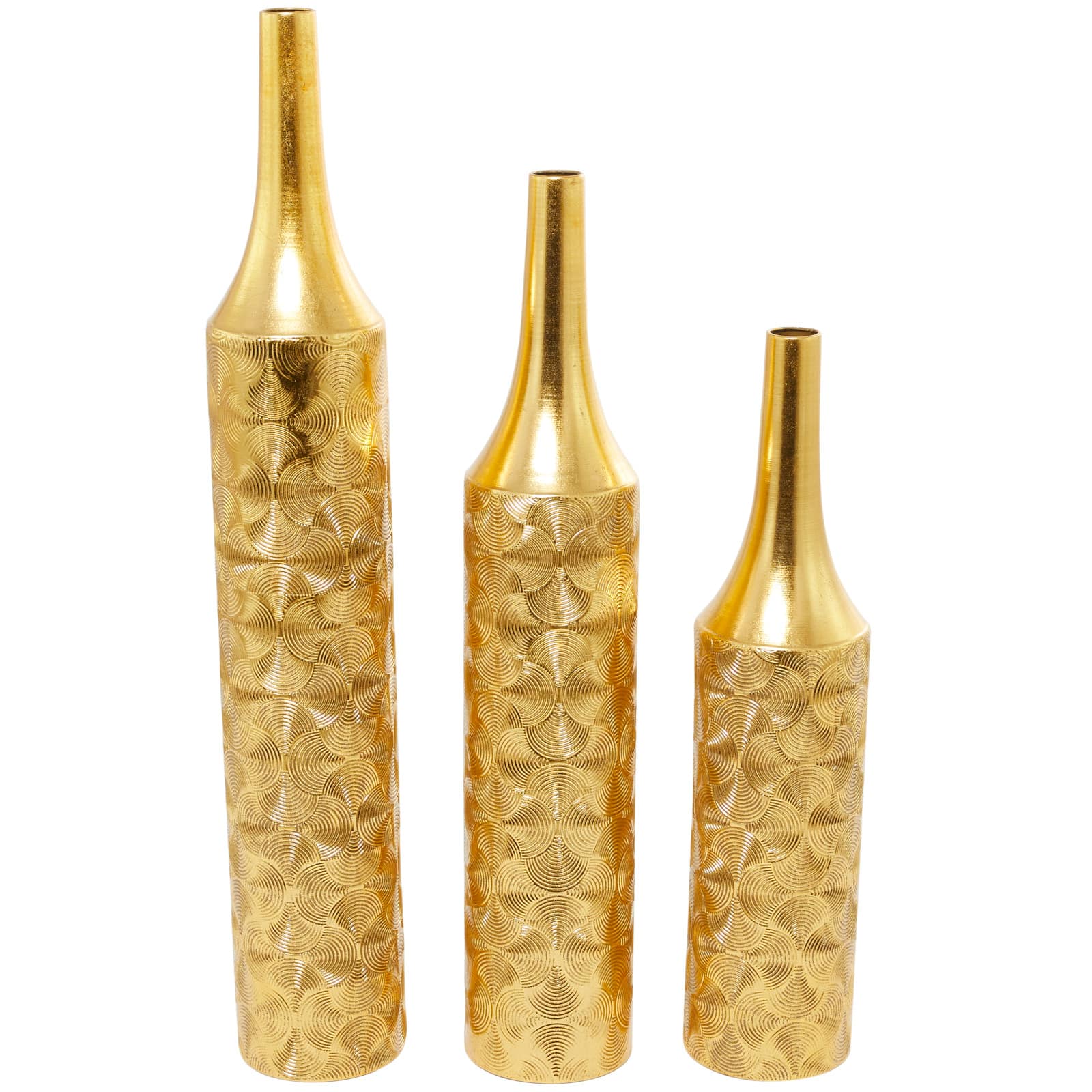 Gold Metal Tall Distressed Metallic Vase with Etched Swirl Patterns Set of 3 36", 30", 25"