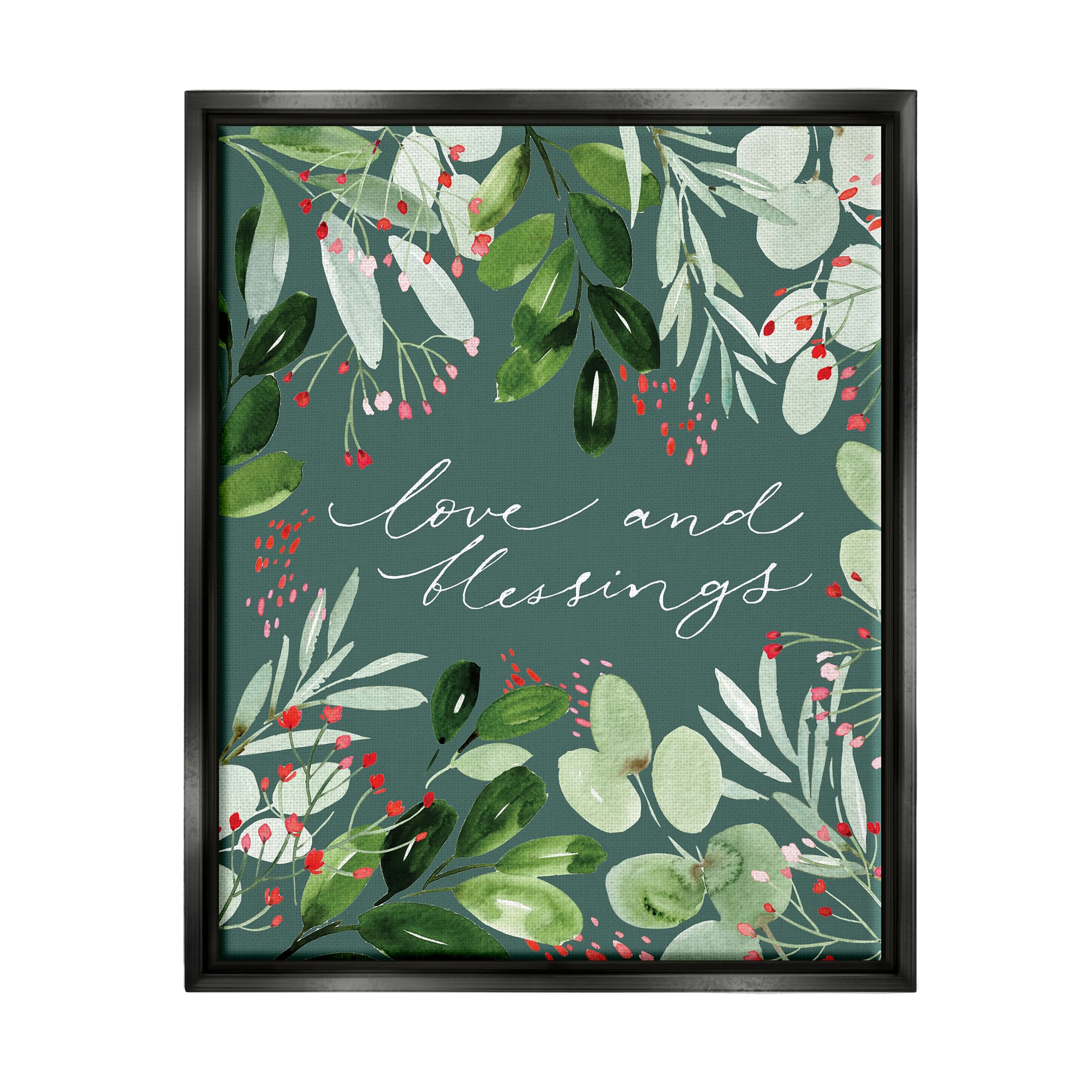 Stupell Industries Love & Blessings Green Floral Leaves Framed Floater Canvas Wall Art