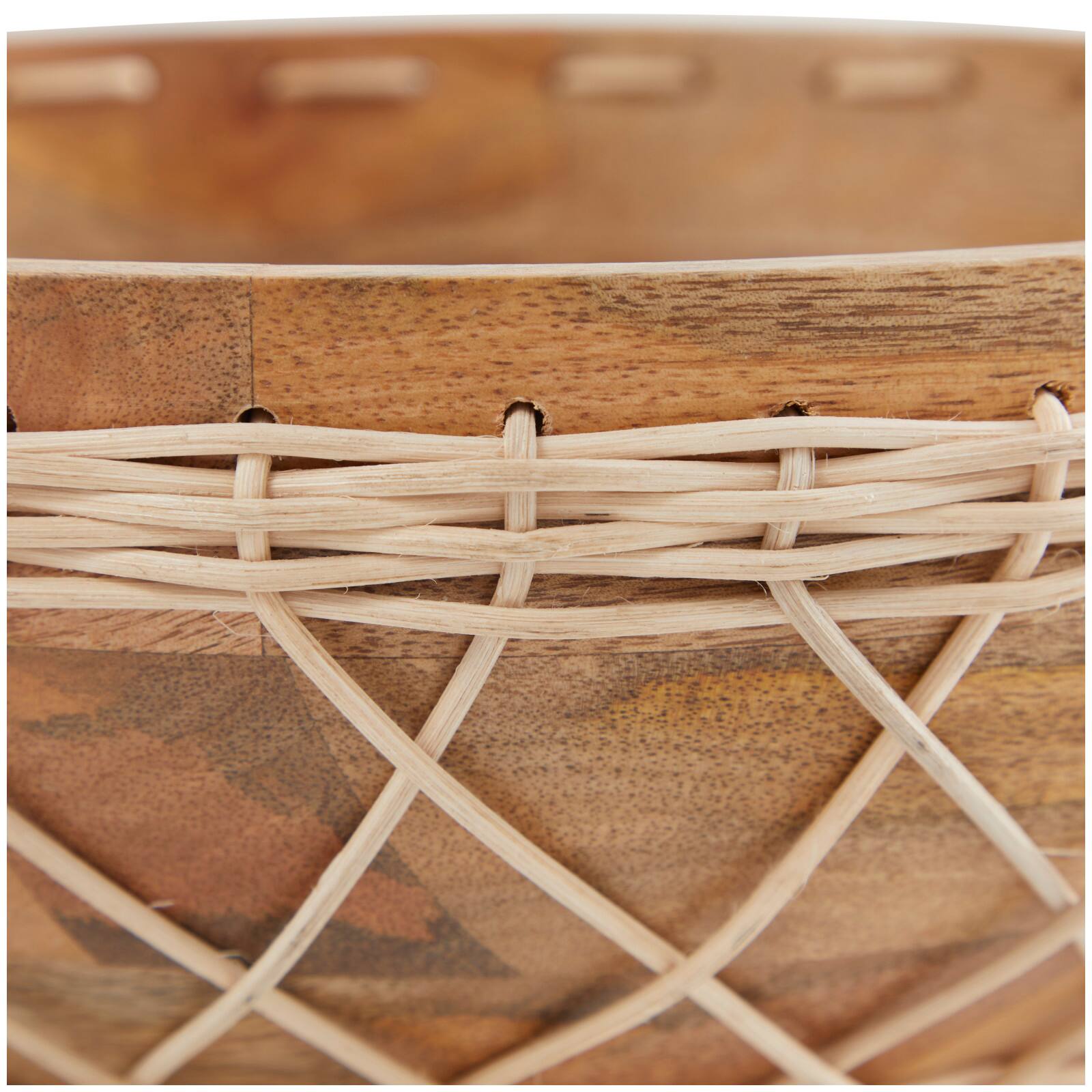 12" Brown Mango Wood Handmade Decorative Bowl with Woven Rope Accents