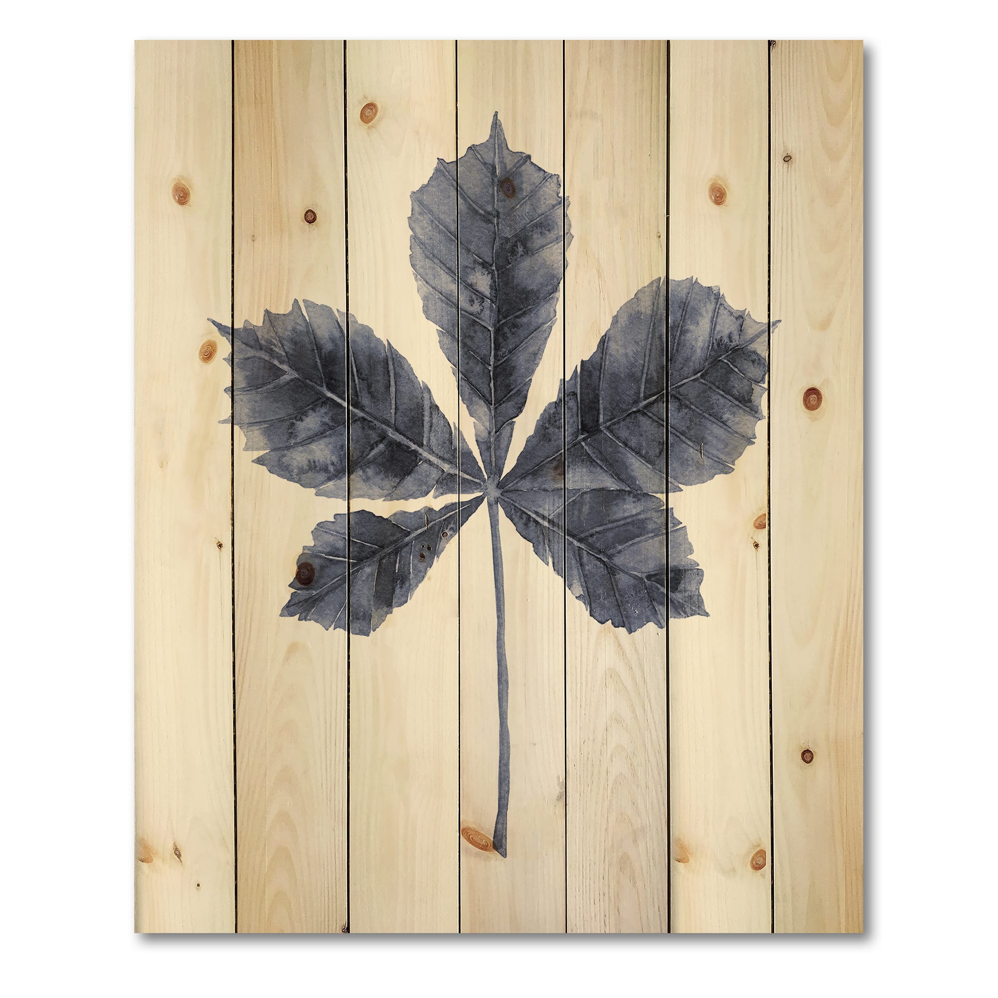 Designart - Navy Blue Chestnut Leaf - Traditional Print on Natural Pine Wood