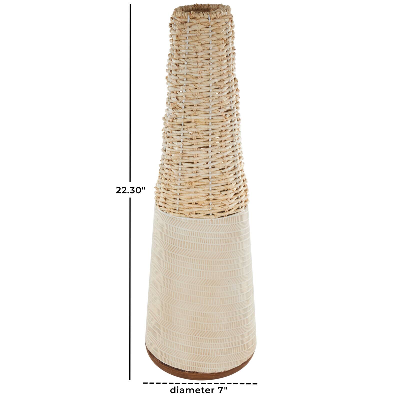 Light Brown Rattan Handmade Woven Vase with Beige Metal Base
