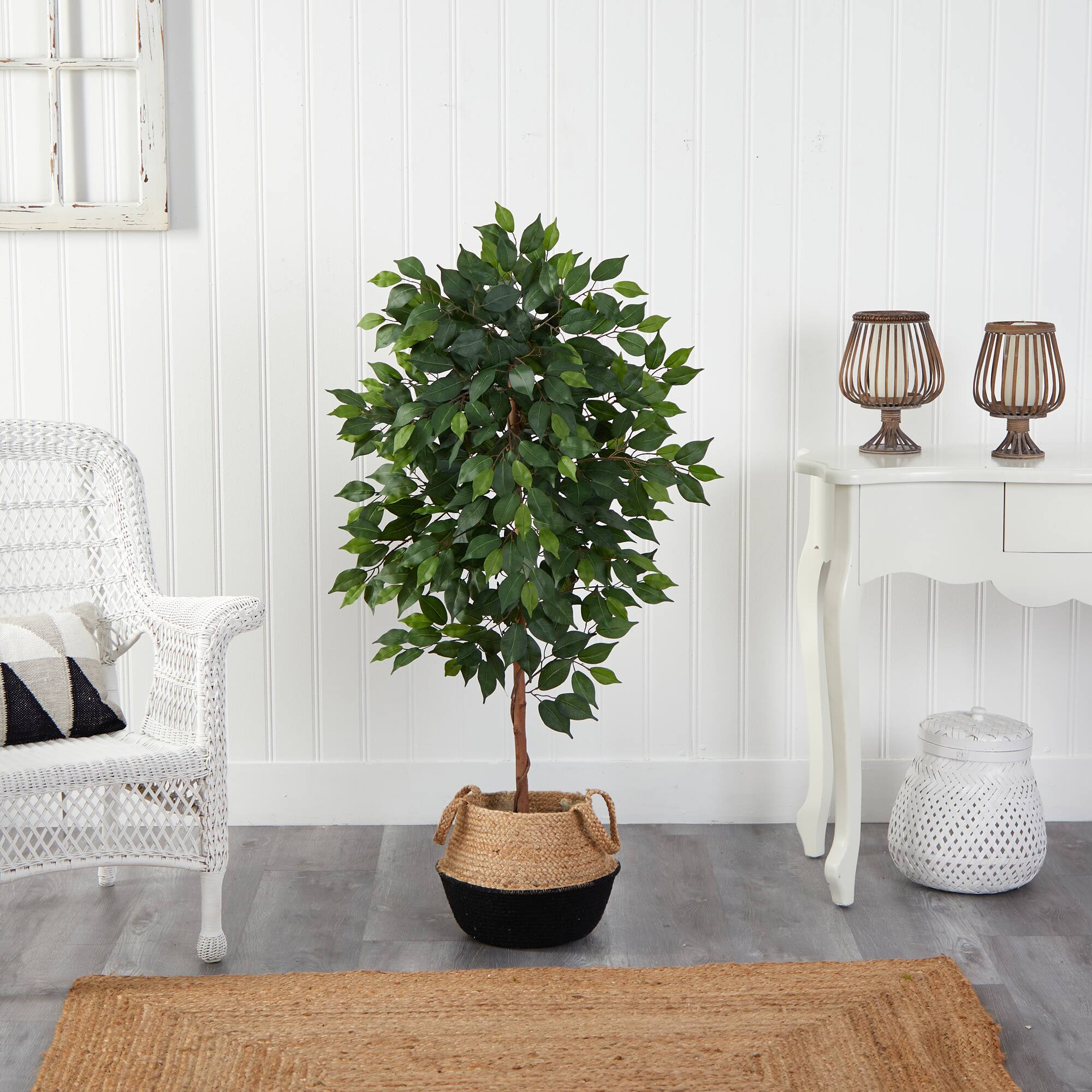 4ft. Ficus Artificial Tree in Boho Chic Handmade Cotton & Jute Black Woven Planter