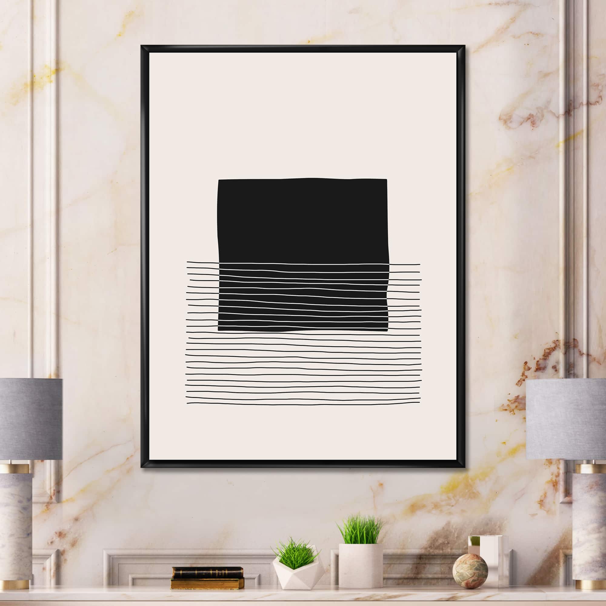 Designart - Minimal Geometric Lines And Squares VIII - Modern Canvas Wall Art Print in Black Frame