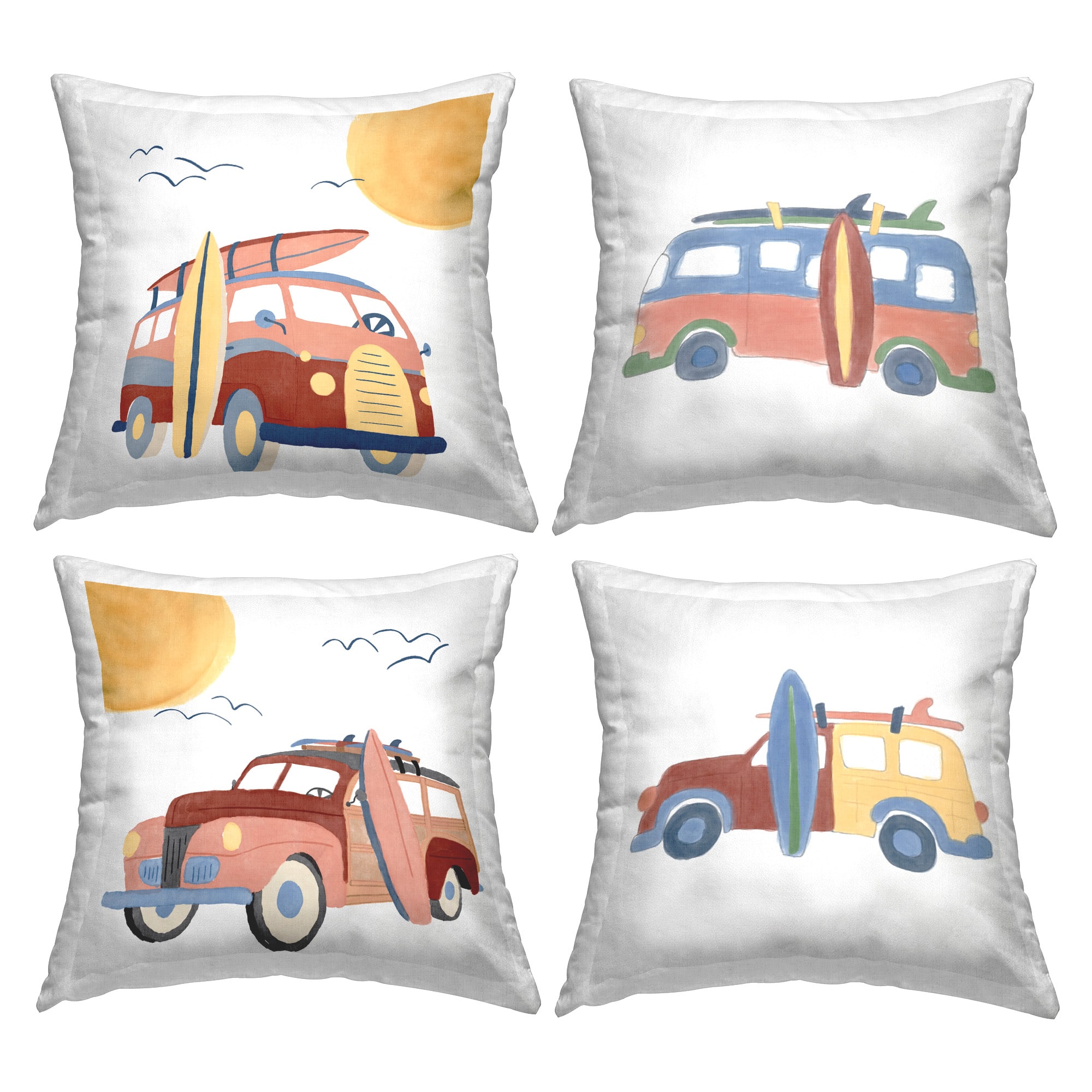 Stupell Industries 18" x 18" Decorative Printed Beach Surf Vehicles Indoor Pillows, 4ct.