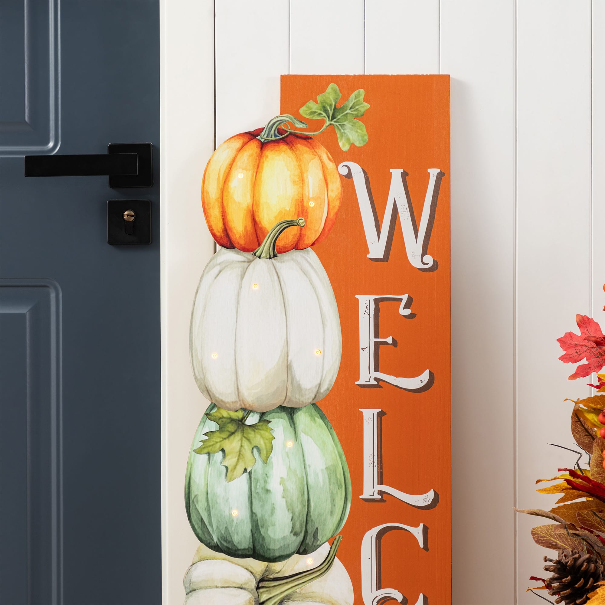 Glitzhome® 42" Lighted Fall Wood Stacked Pumpkins Welcome Porch Sign with Timer