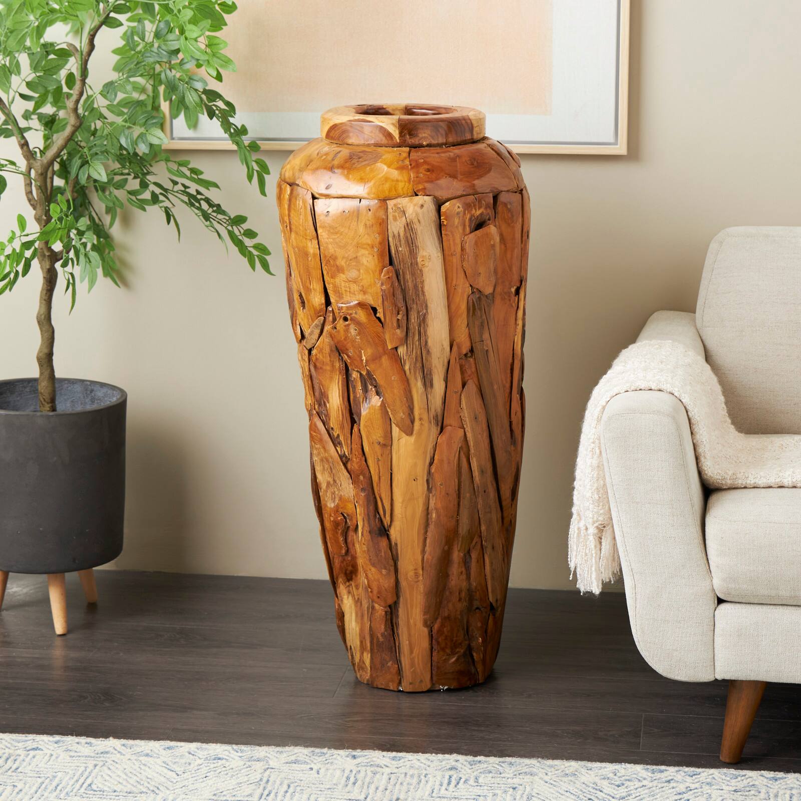 Brown Teak Wood Handmade Tall Floor Vase with Mosaic Live Edge