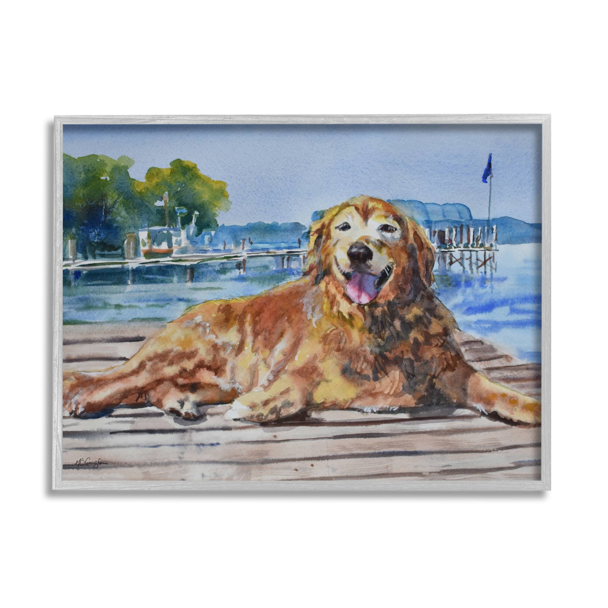 Stupell Industries Coastal Golden Retriever Relaxing Dock Framed Giclee Art