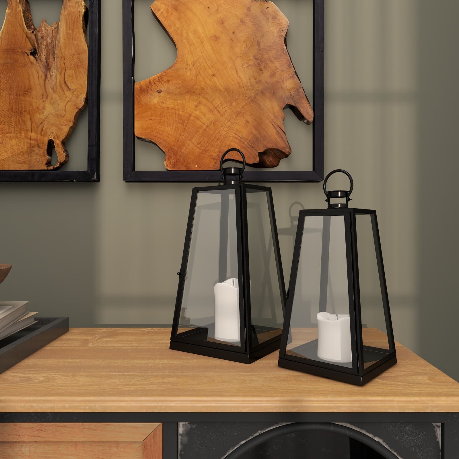 Tall Black Minimalist Metal Candle Lantern Set with Ring Handles