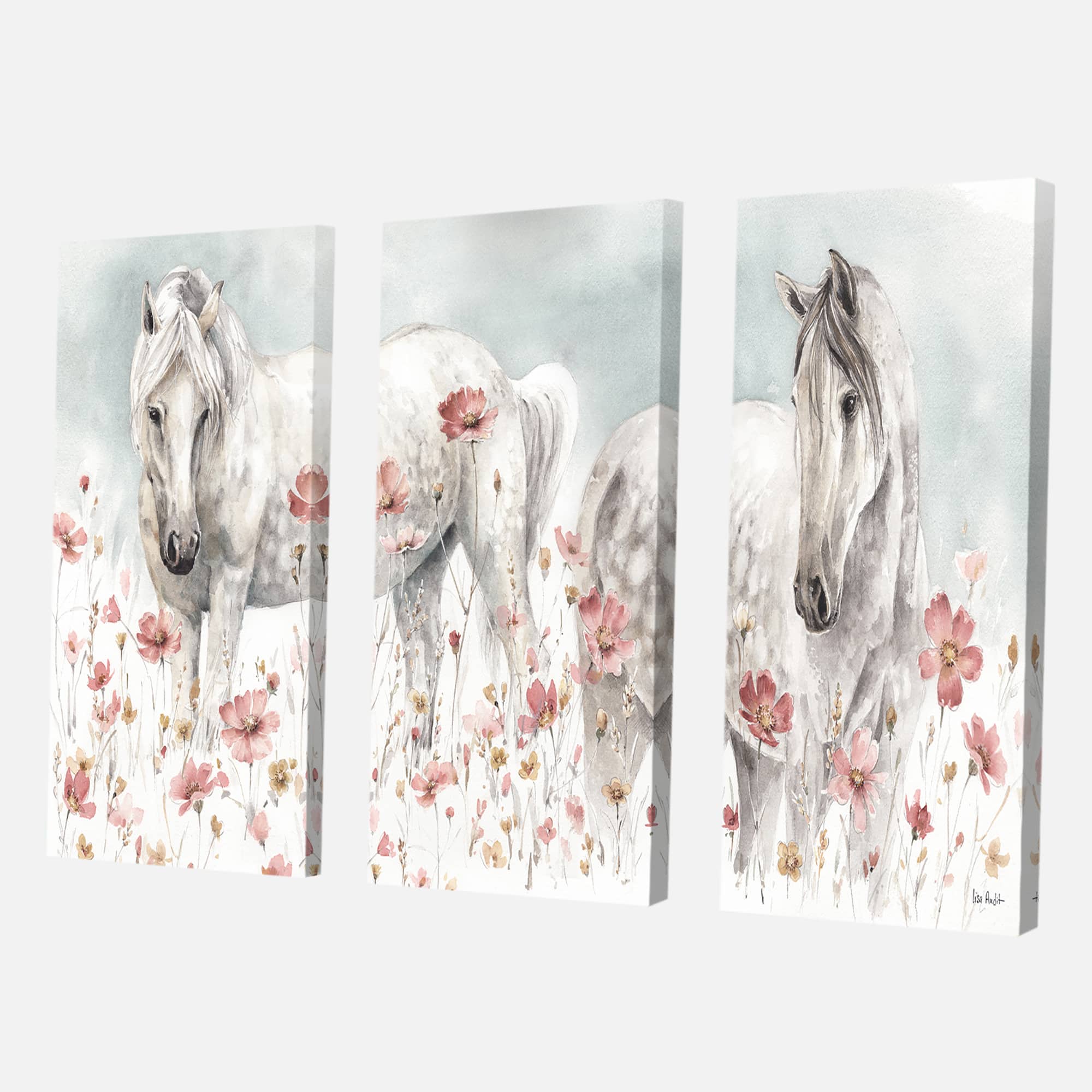 Designart - watercolors Pink Wild Horses - Farmhouse Premium Canvas Wall Art