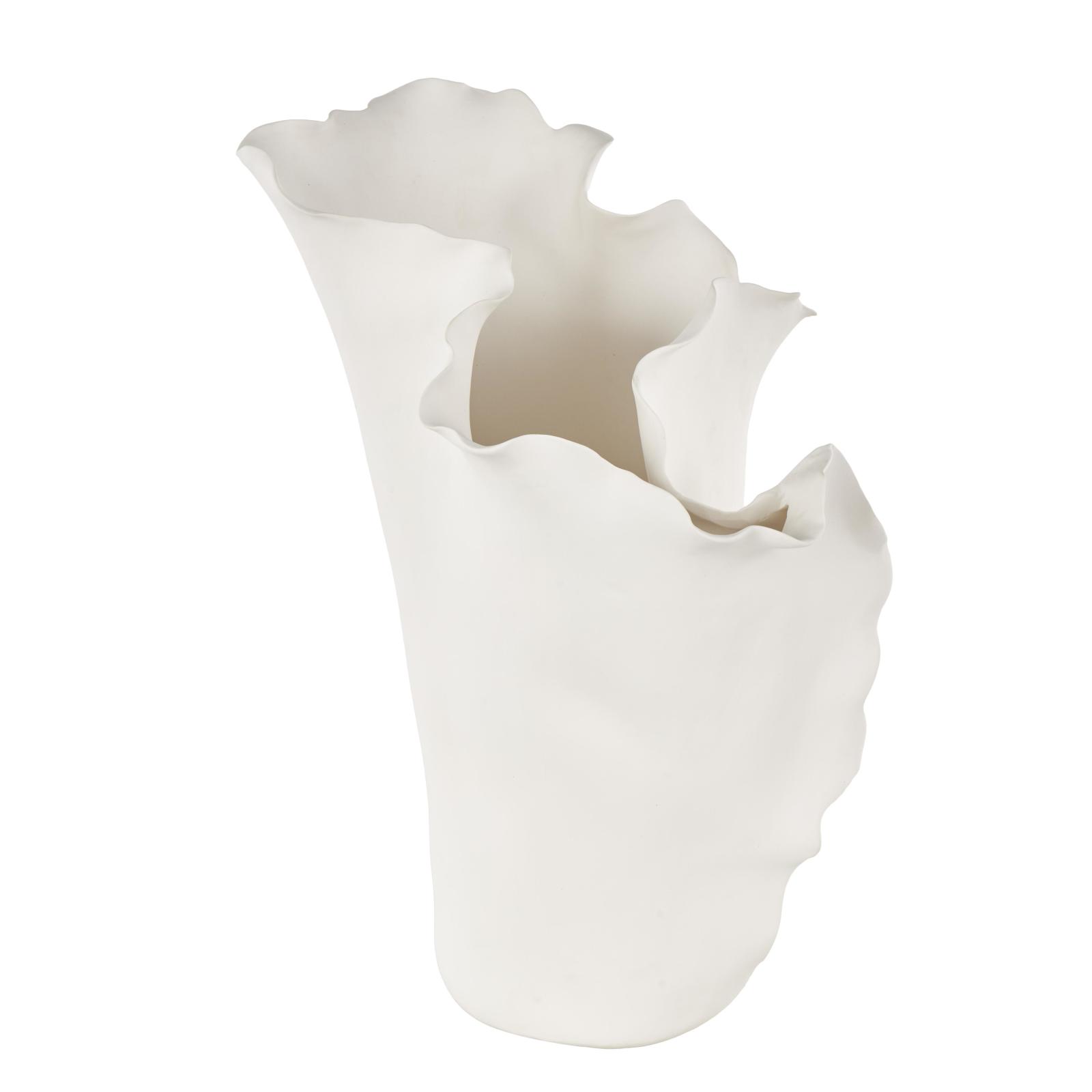 15.75" White Ceramic Abstract Floral Vase with Wavy Folded Rim