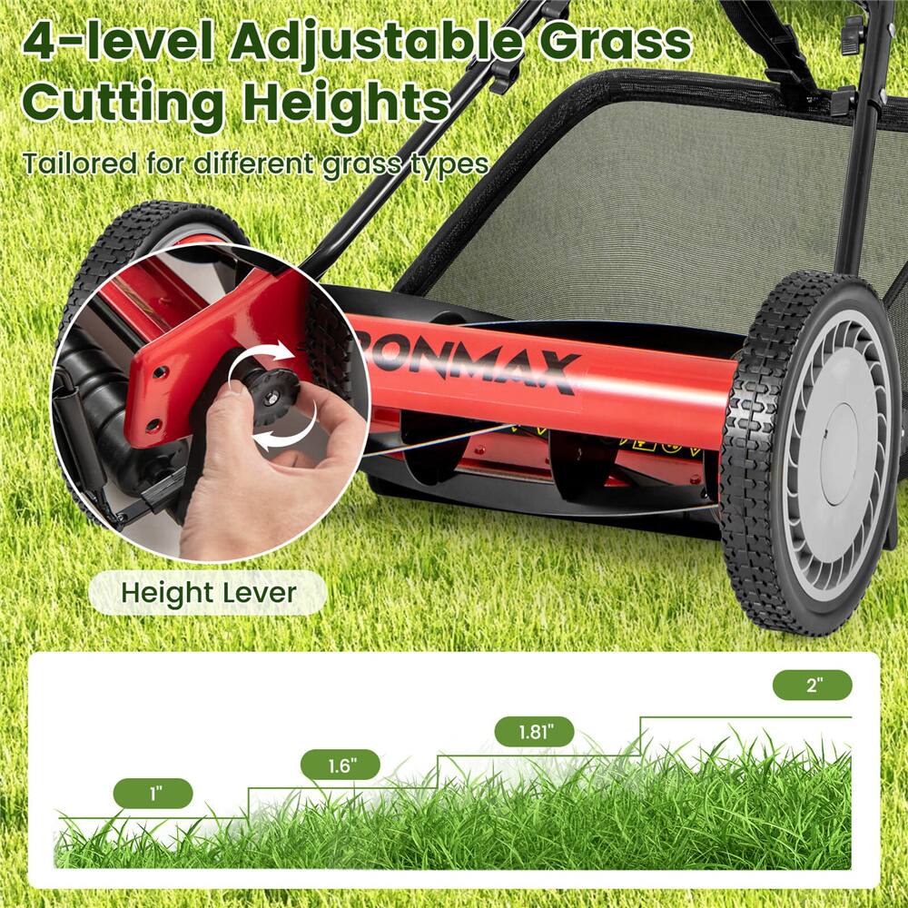 Costway Ironmax Red & Black Push Lawn Mower with 5-Blade Removable Grass Catcher