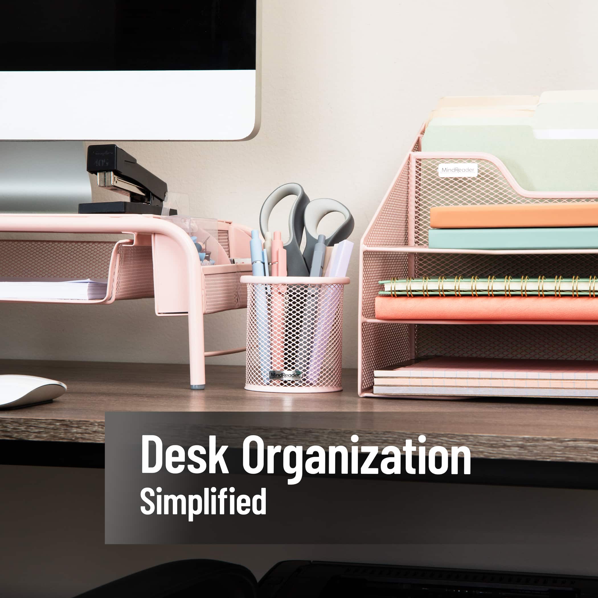 Mind Reader Pen and Accessories Holder, Desktop Organizer, Office, Metal Mesh, Set of 3, Pink