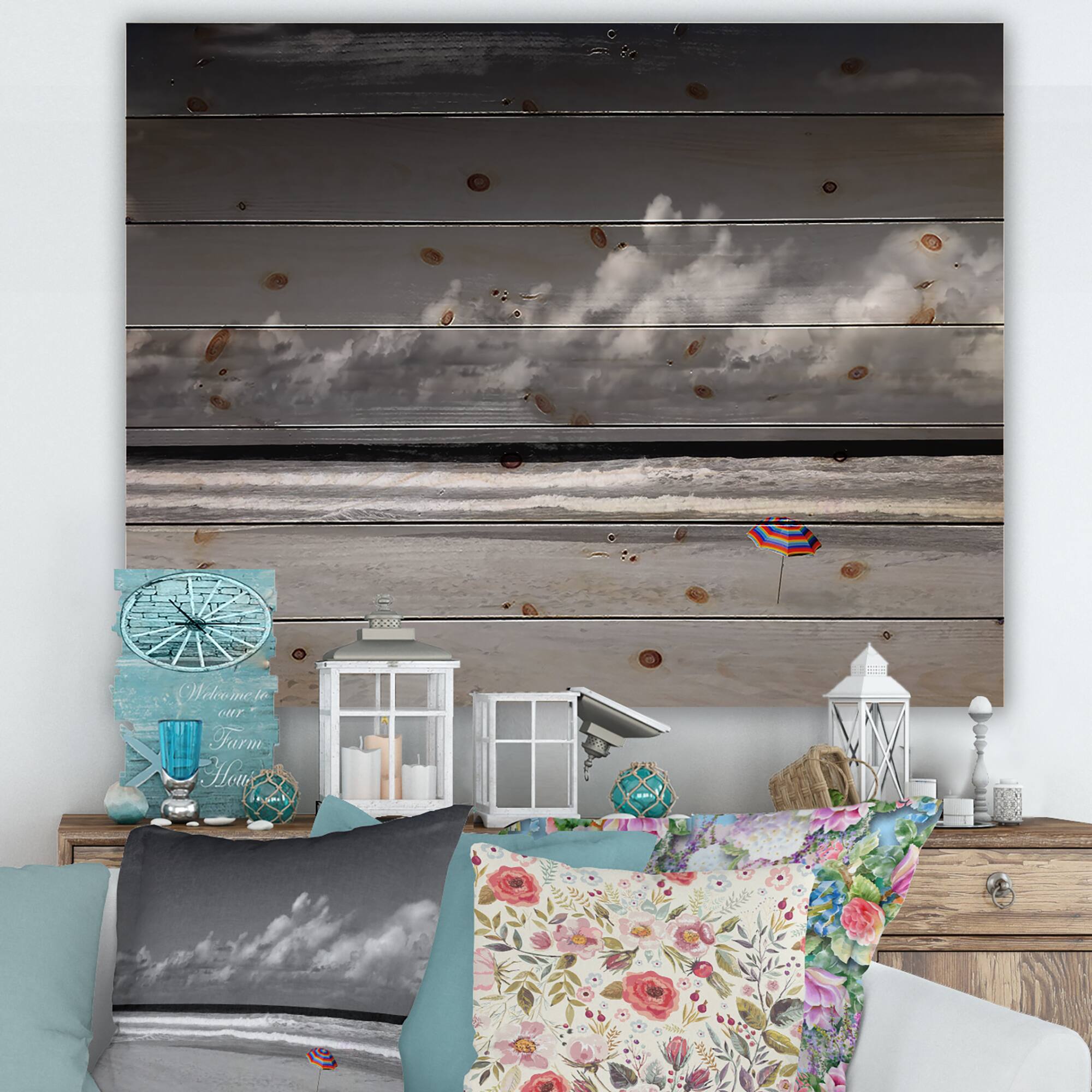Designart - Monochrome Coastline Under Cloudy Sky - Lake House Print on Natural Pine Wood