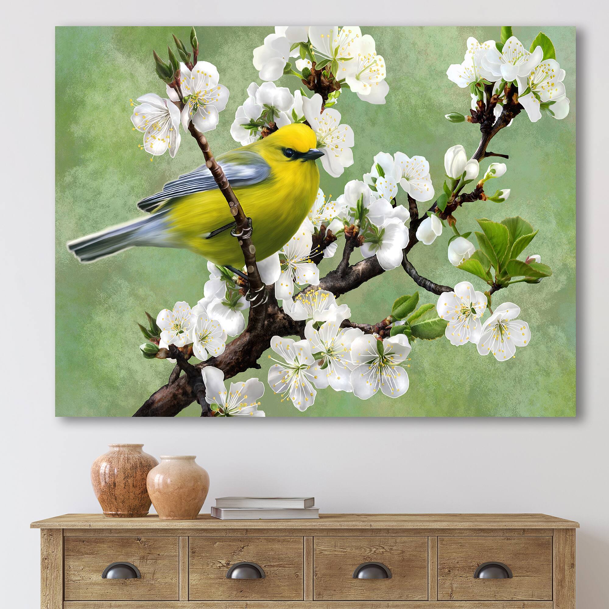 Designart - Bird On A Branch of Cherry - Traditional Canvas Wall Art Print