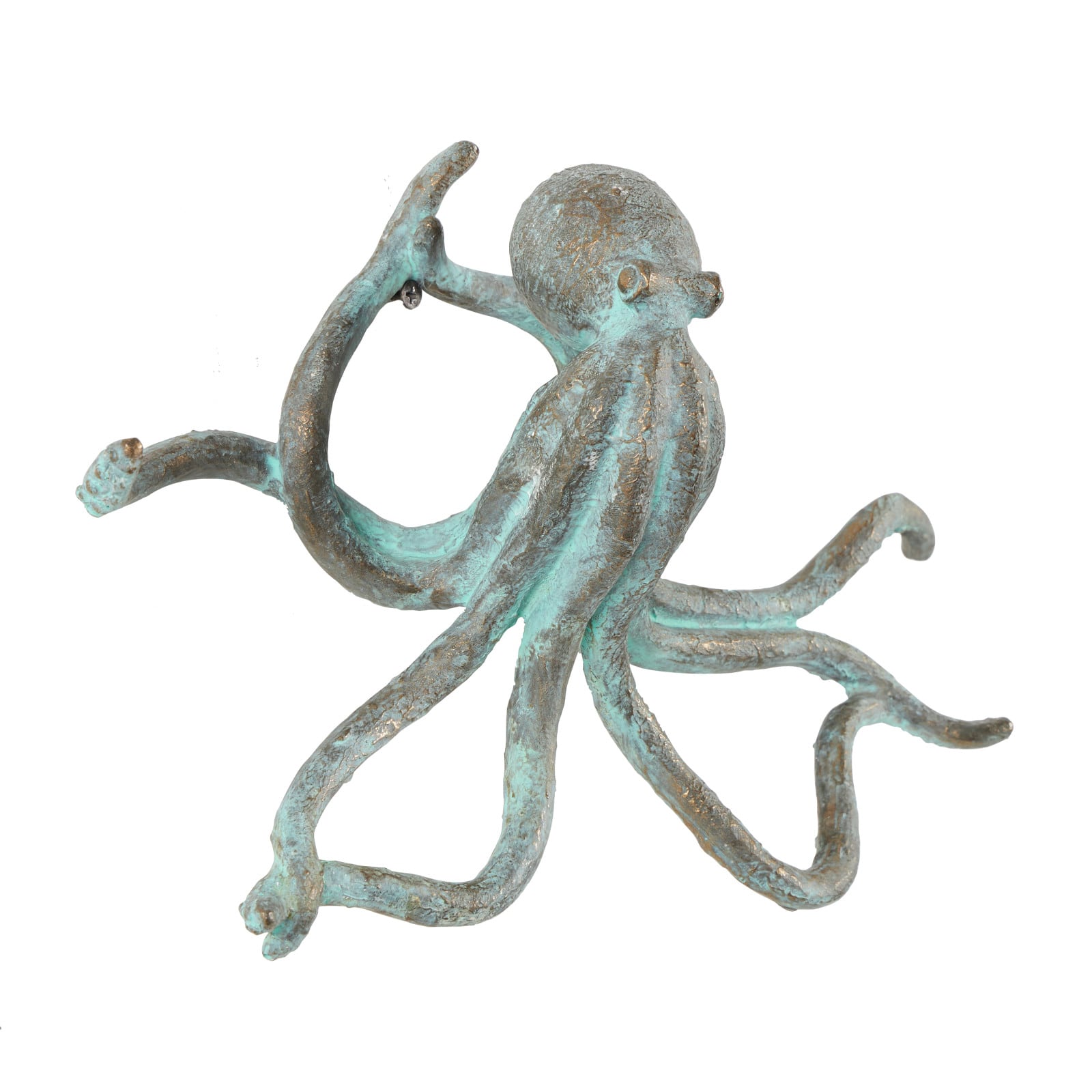 12" Blue Polystone Octopus Distressed Patina Sculpture with Gold Foil Accents
