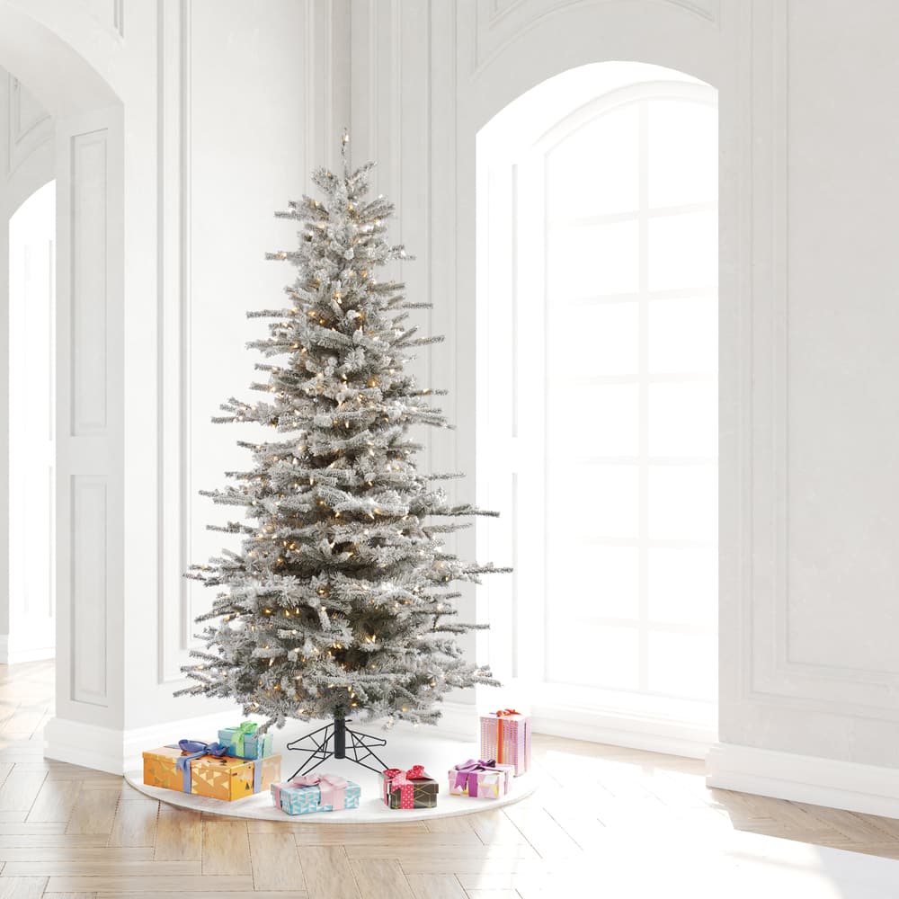 7.5ft. Pre-Lit Flocked Sierra Fir Slim Artificial Christmas Tree, Clear Lights