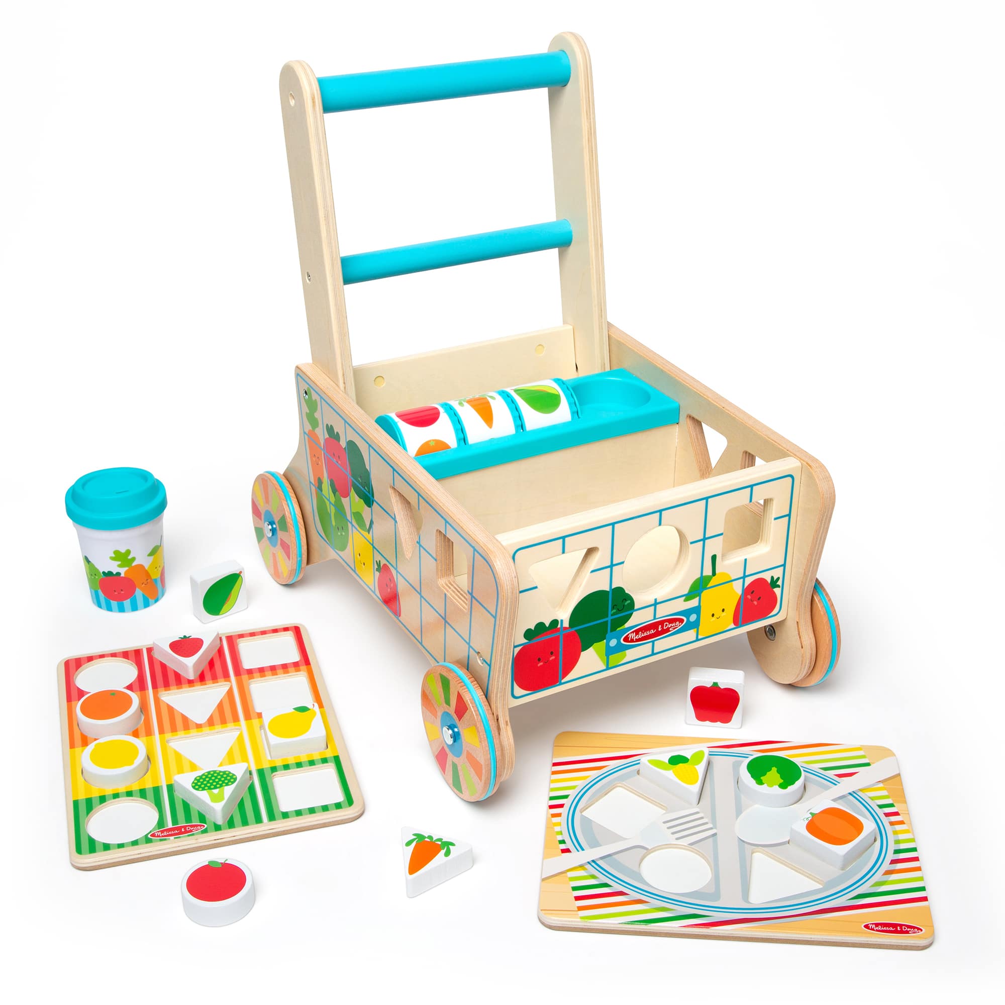 Melissa & Doug® Wooden Shape Sorting Grocery Cart Push Toy Set