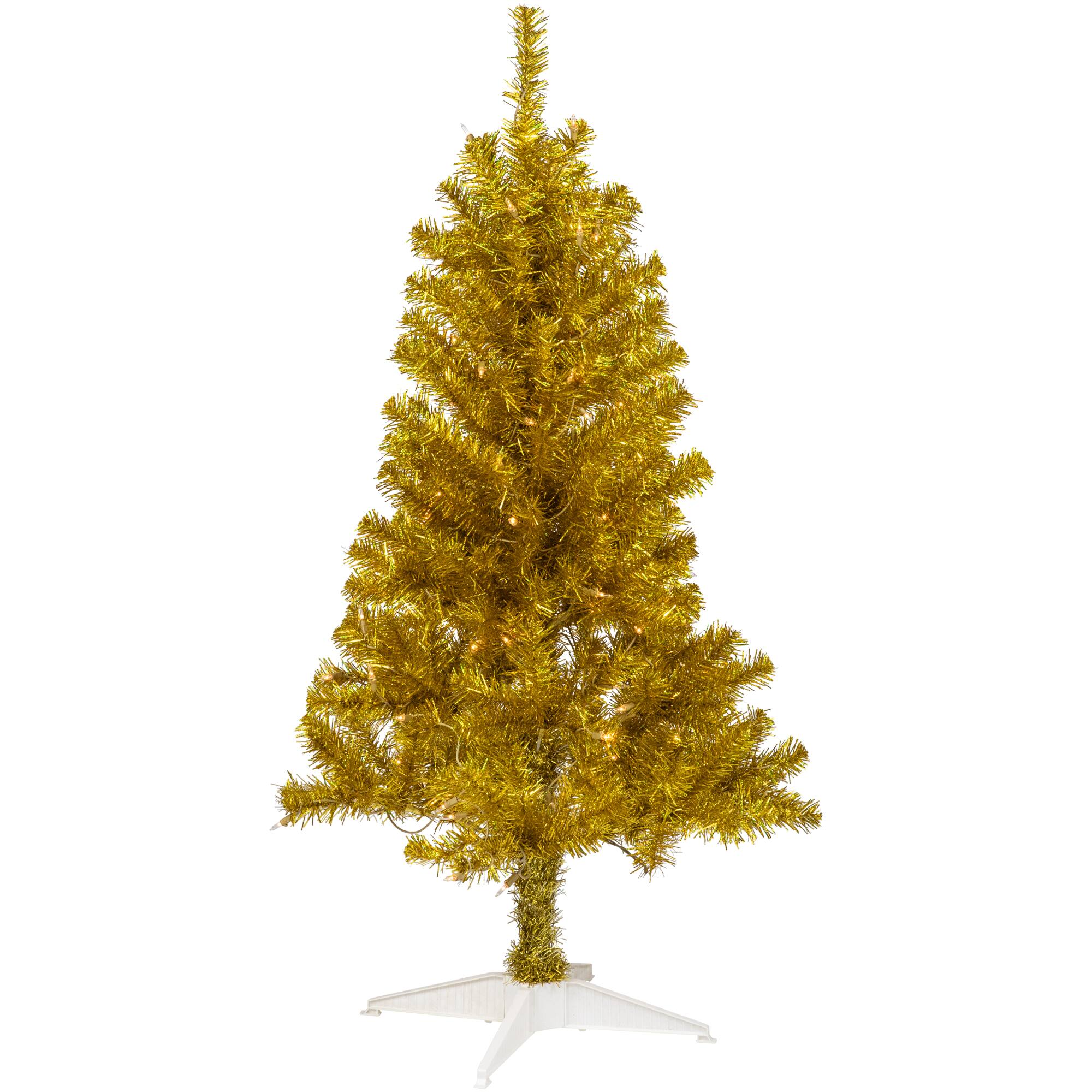 4ft. Pre-Lit Gold Iridescent Tinsel Slim Artificial Christmas Tree, Clear Lights