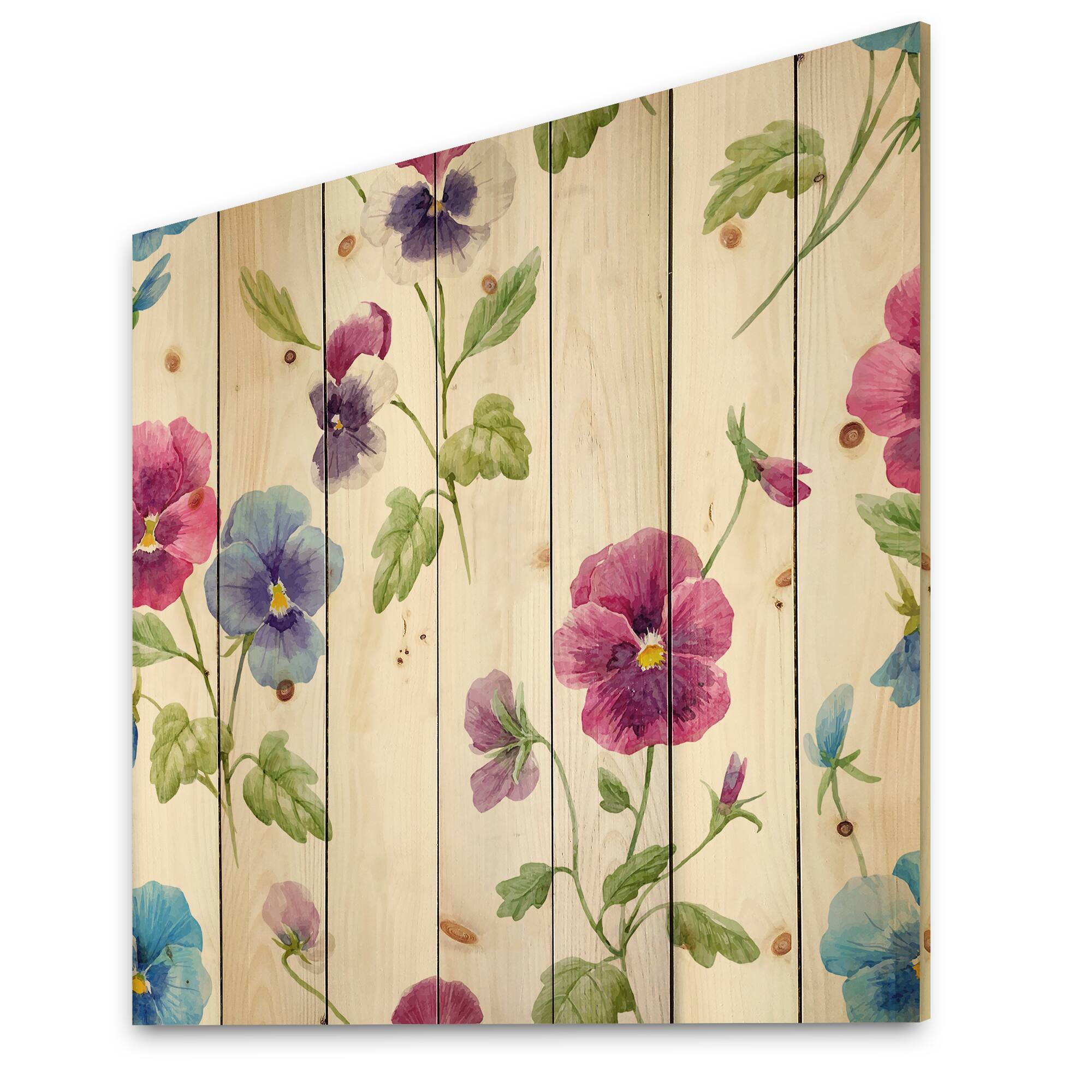 Designart - Pink and Blue Pansy Flowers II - Traditional Print on Natural Pine Wood