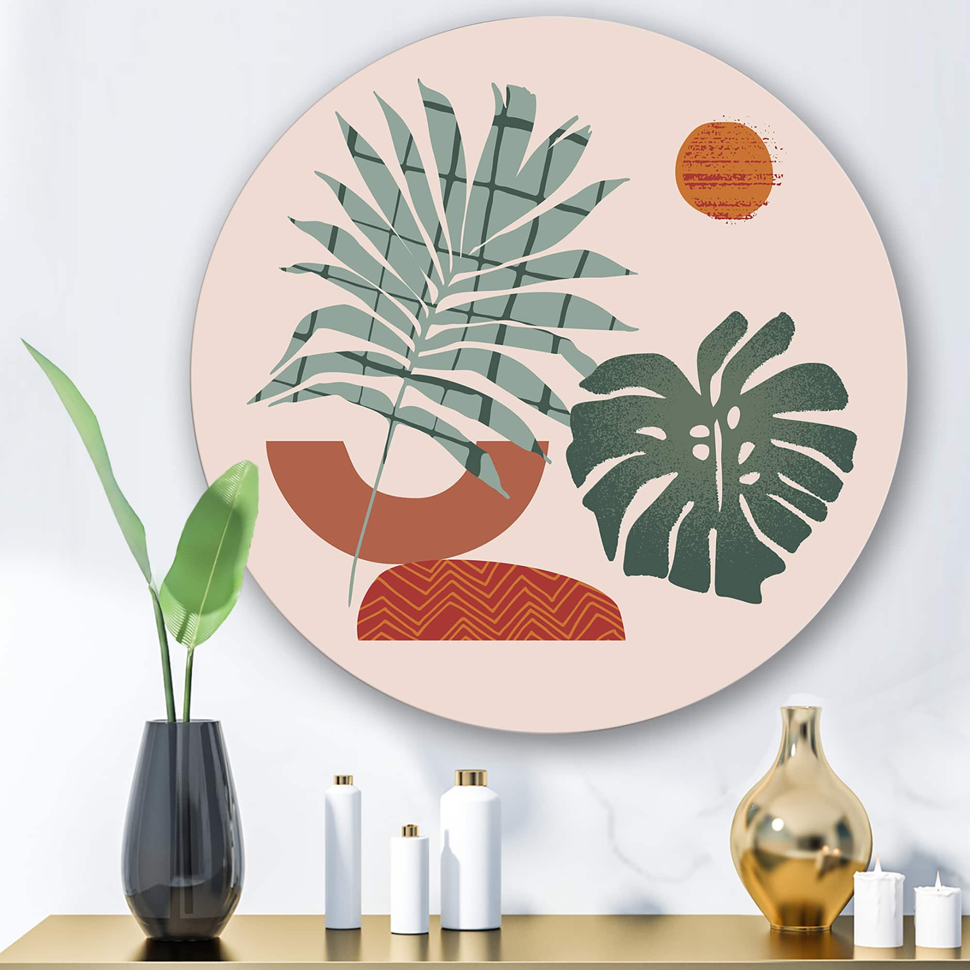 Designart - Moon & Sun Shapes In Retro Green & Terracotta Tone
