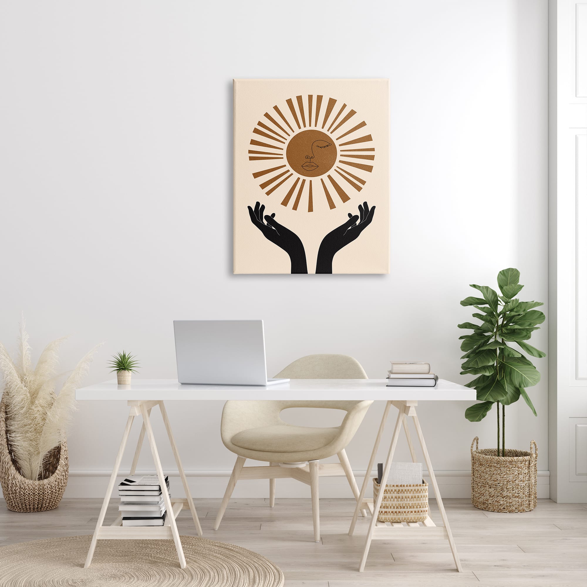 Stupell Industries Hands Holding Desert Sun with Face Linework Canvas Wall Art