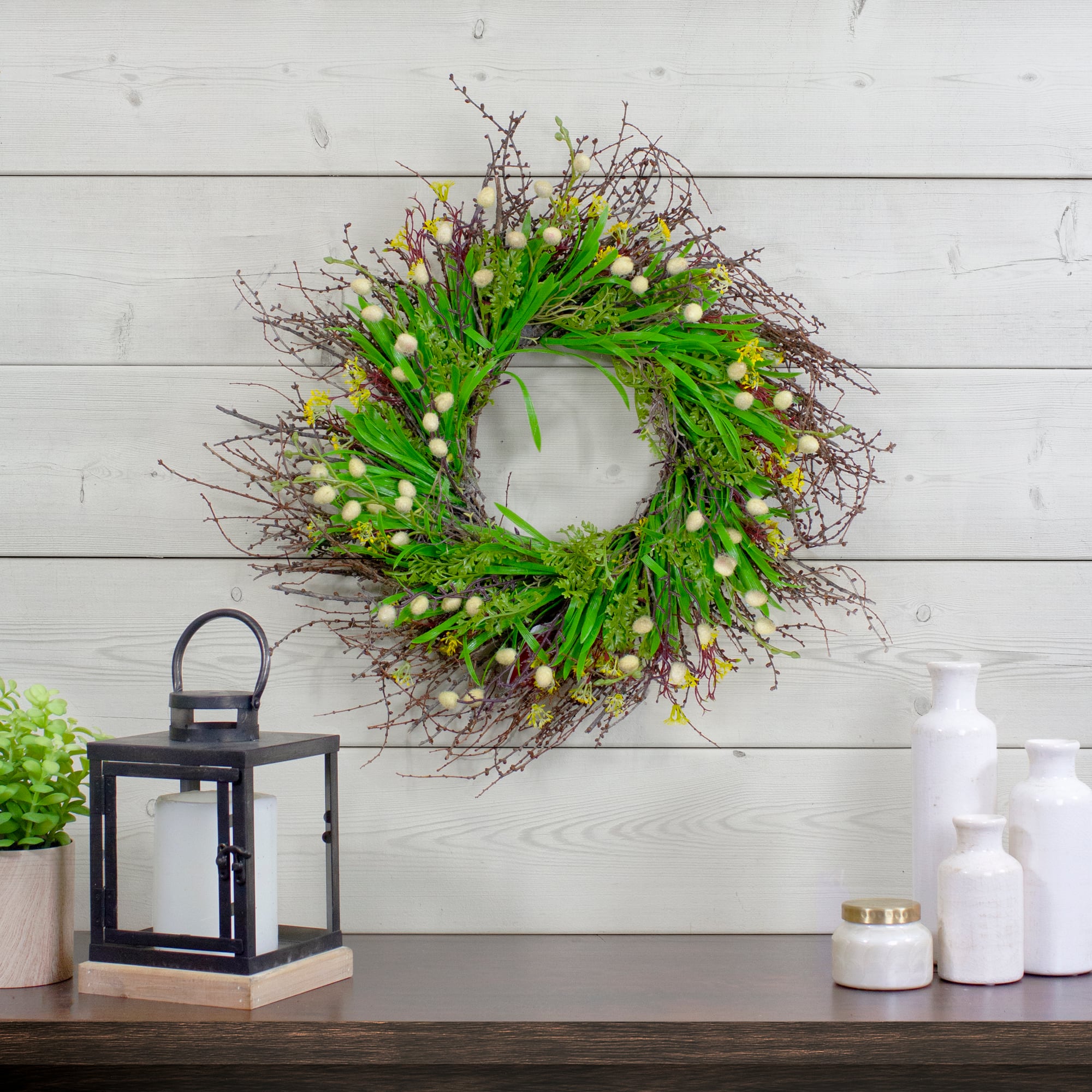 18" Green & Yellow Burrs & Brush Artificial Floral Spring Wreath