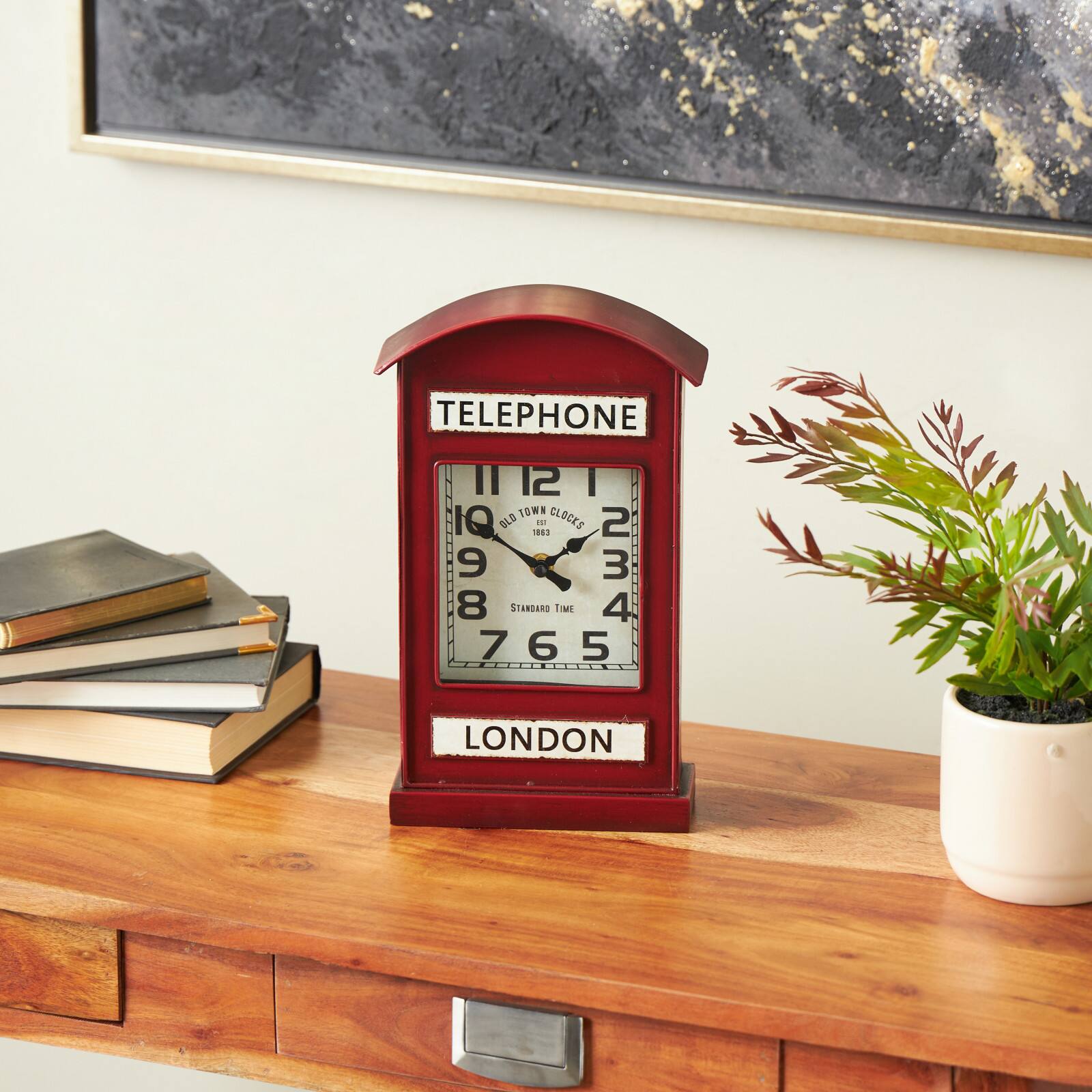 7" x 12" Red London Telephone Booth Inspired Metal Clock
