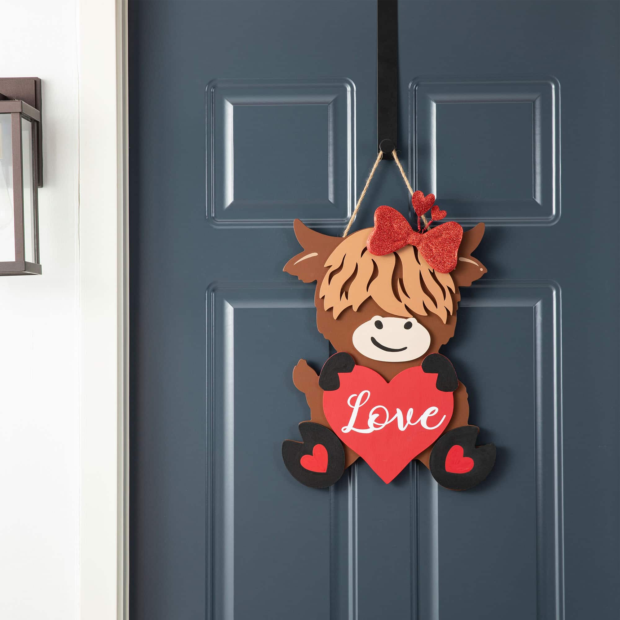 Glitzhome® 18" Valentine's Wooden Highland Cow Door Hanger