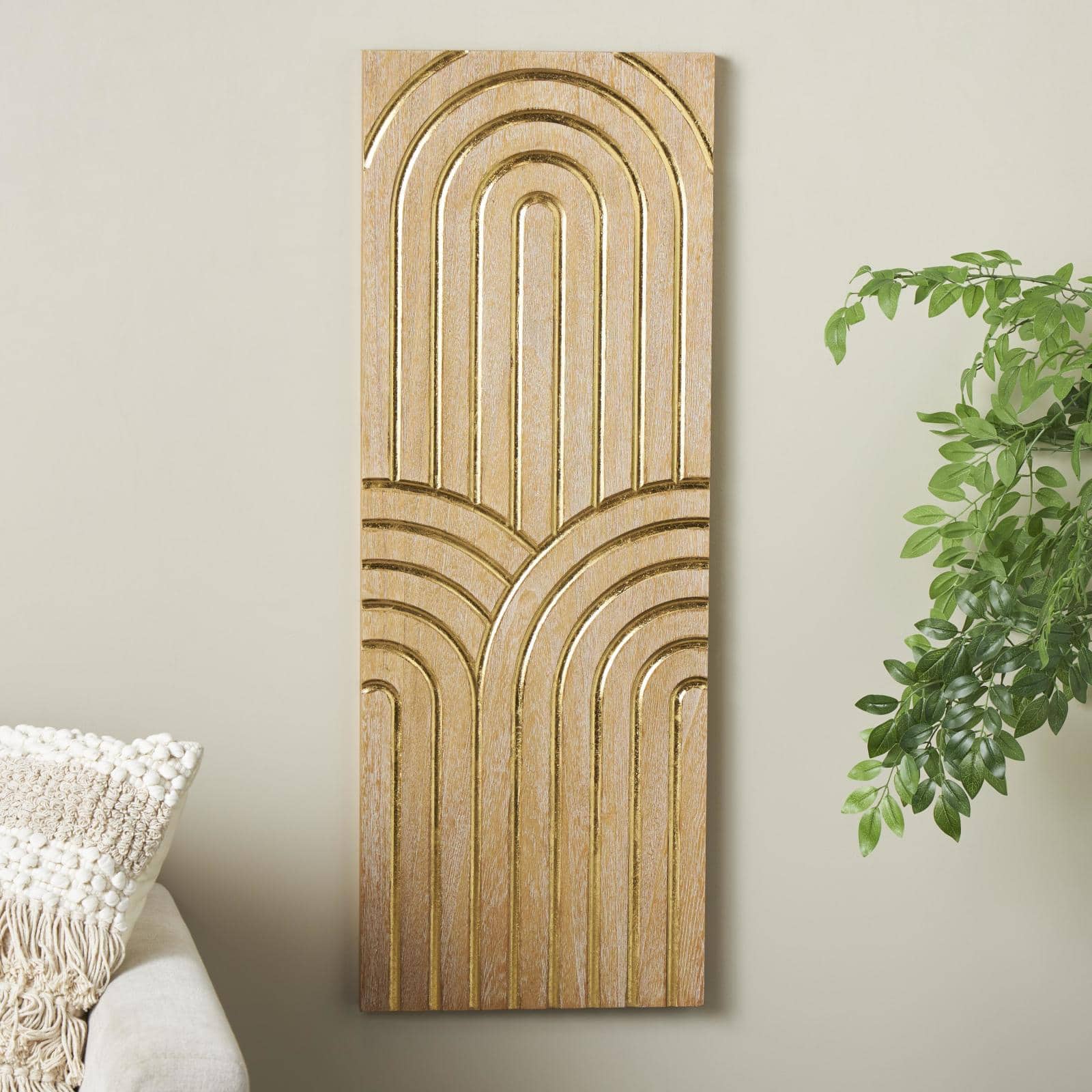 43" x 16" Light Brown Wood Geometric Panel Home Wall Décor with Overlapping Gold Arches