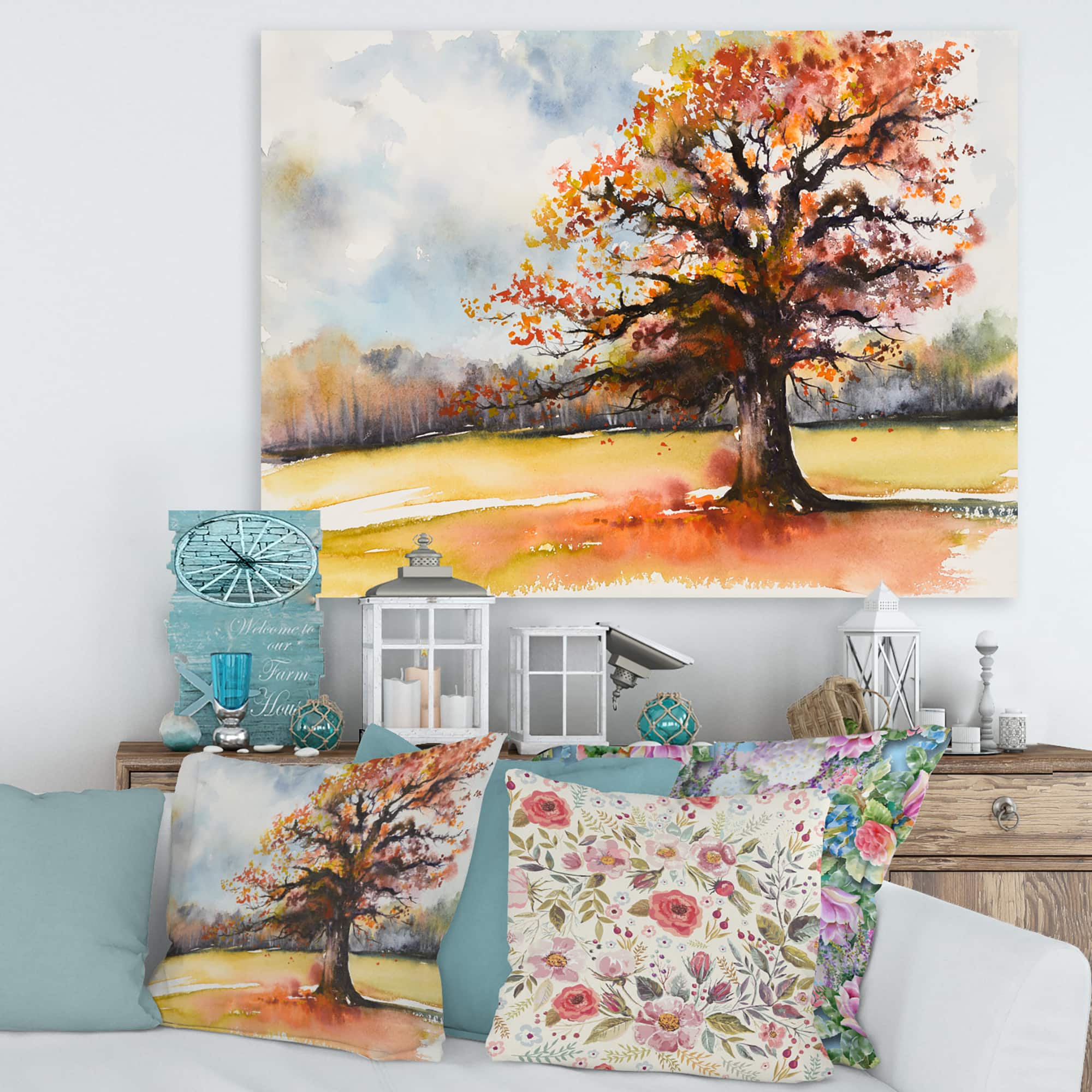 Designart - Lone Oak In The Fields With Autum Leaves - Traditional Canvas Wall Art Print
