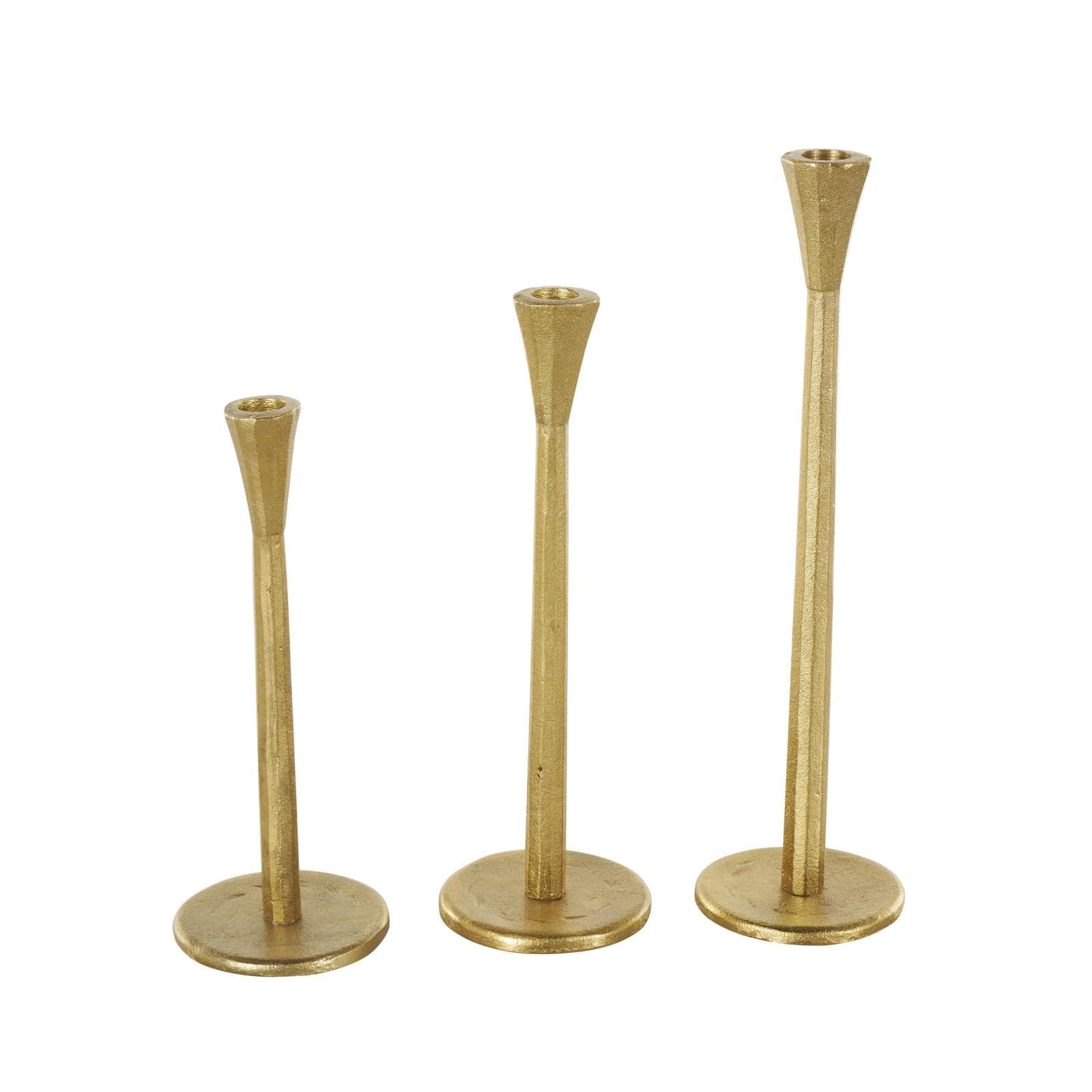 Gold Aluminum Metal Tapered Slim Minimalistic Decorative Candle Holder with Round Base, 3ct.