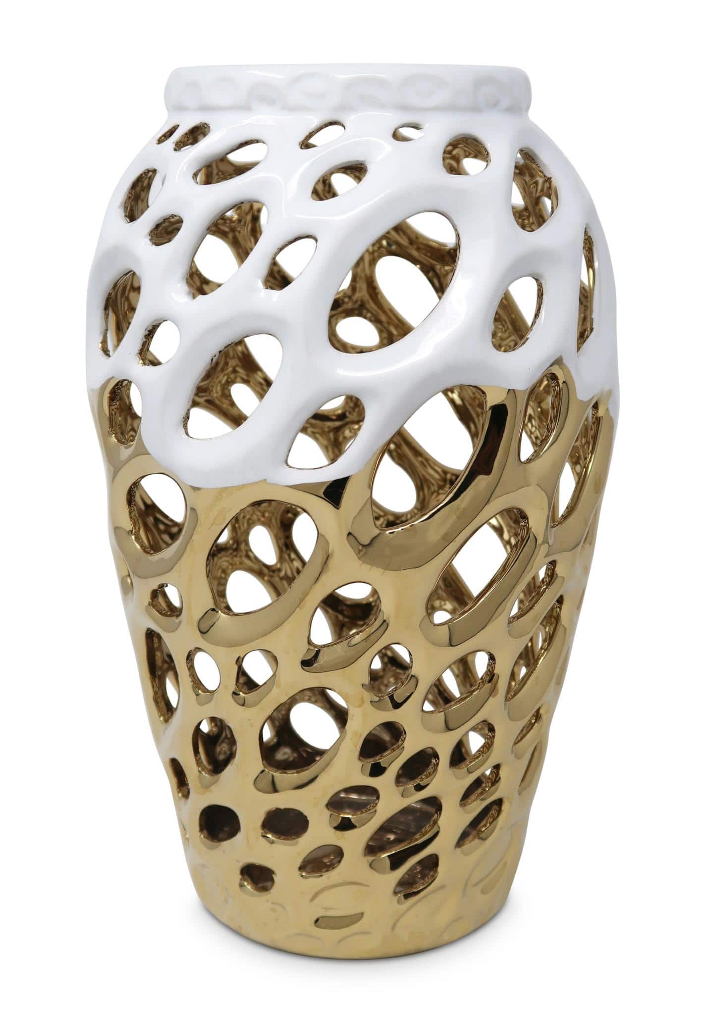 HomeRoots 12.5" Gold & White Pierced Urn Porcelain Table Vase