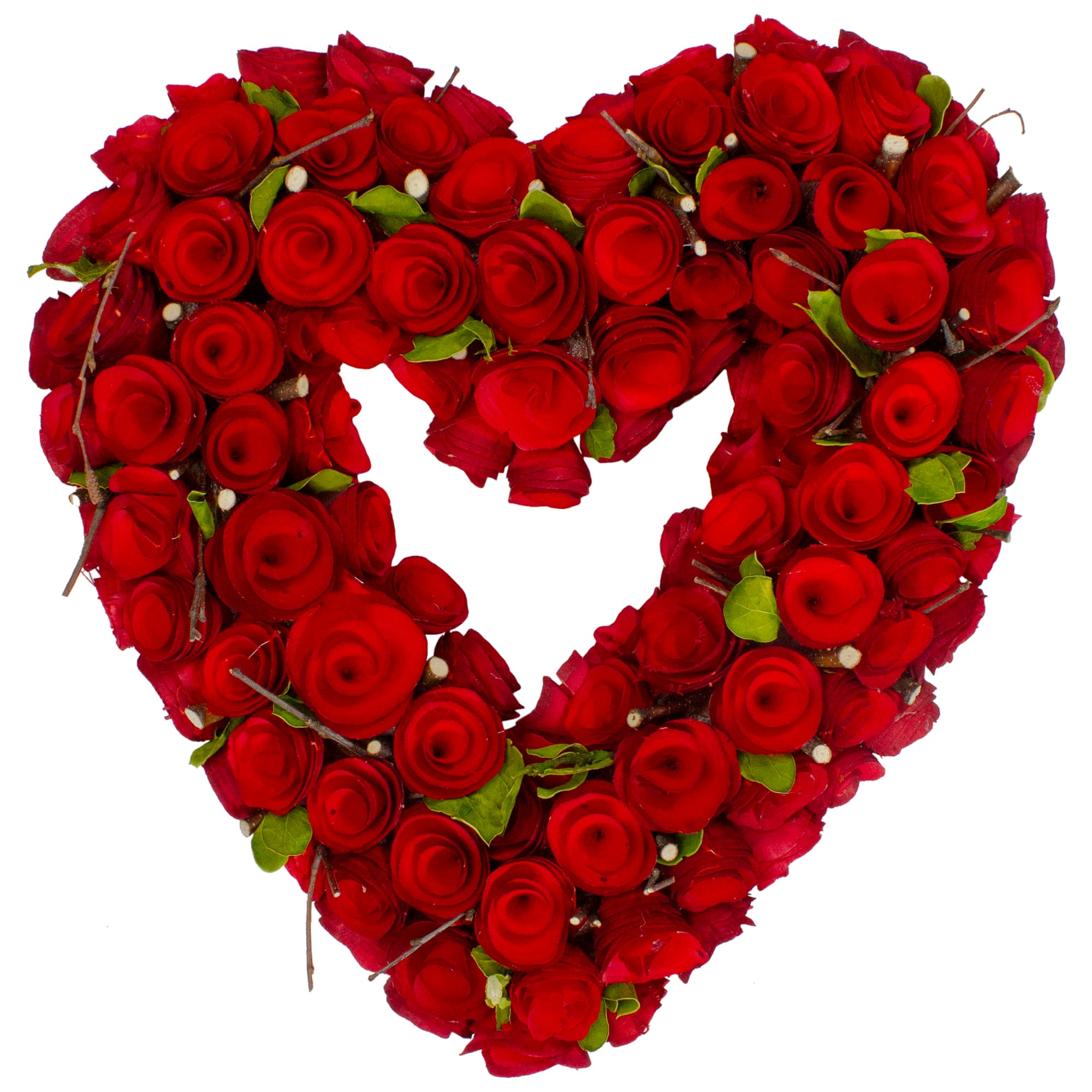Red Wooden Rose Floral Heart Shaped Artificial Valentine's Day Wreath 14"