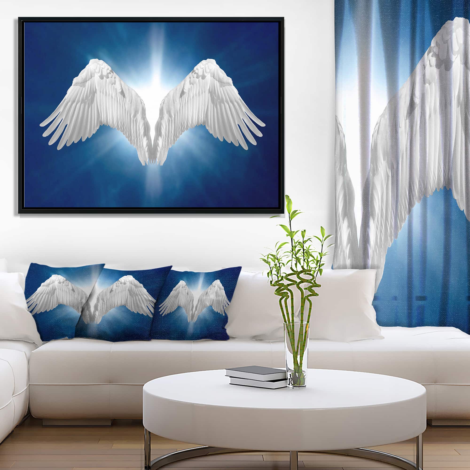 Designart - Angel Wings on Blue Background - Abstract Framed Canvas Art Print