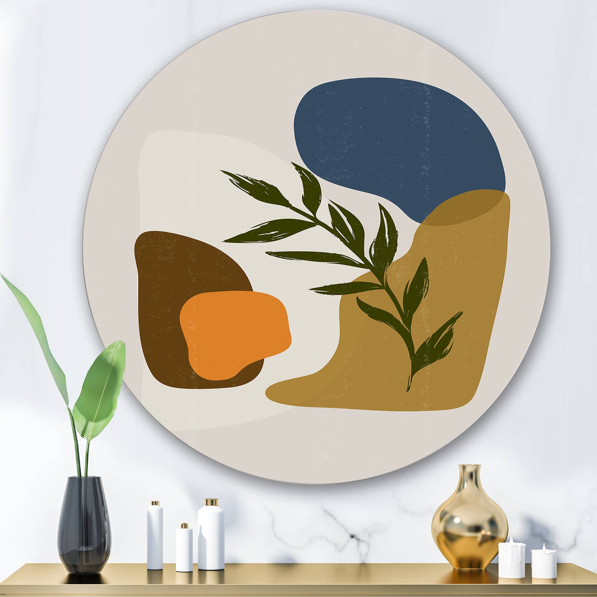 Designart - Botanical Minimalist Shapes With Green Leaf - Modern Metal Circle Wall Art