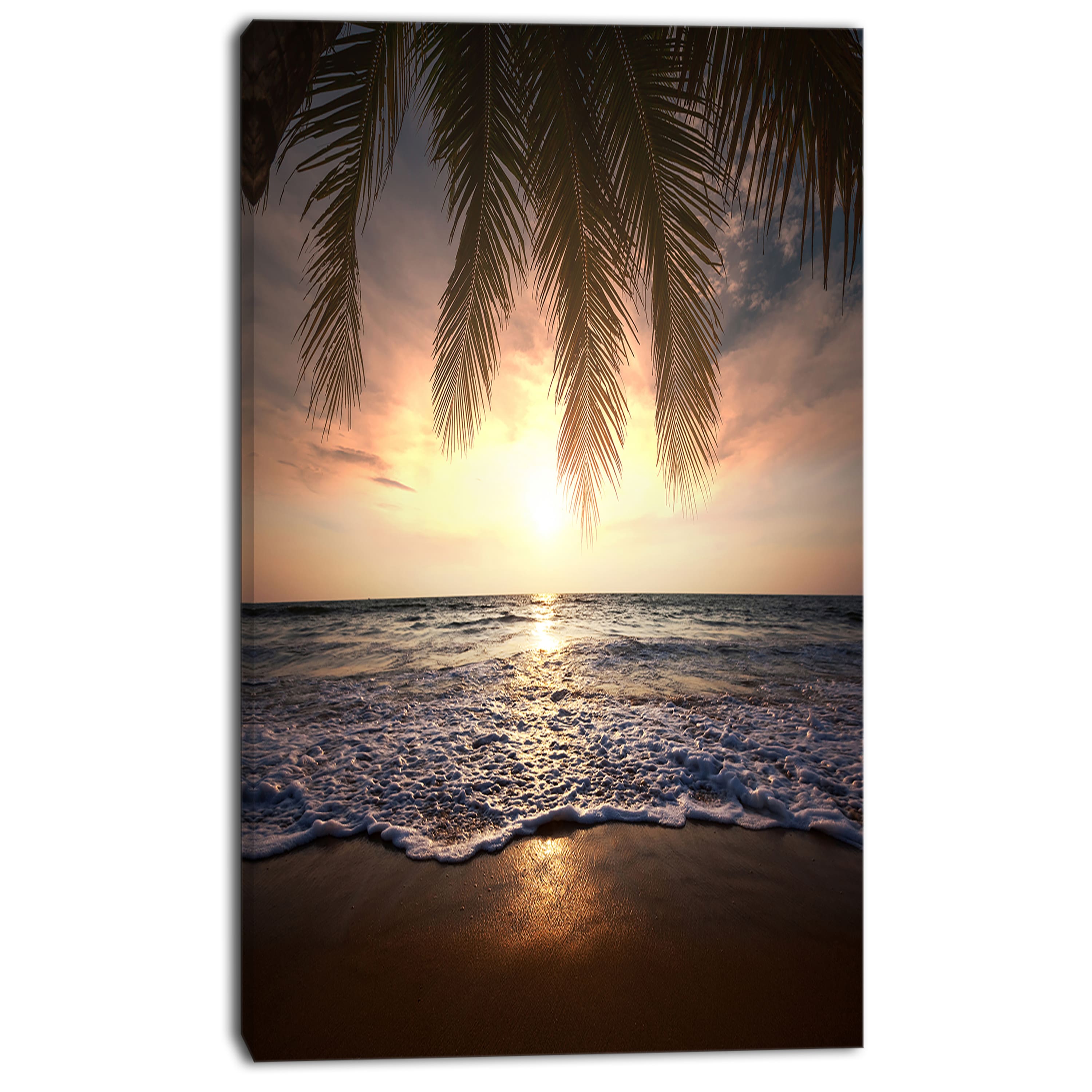 Designart - Tropical Beach with Palm Leaves - Seashore Canvas Art Print