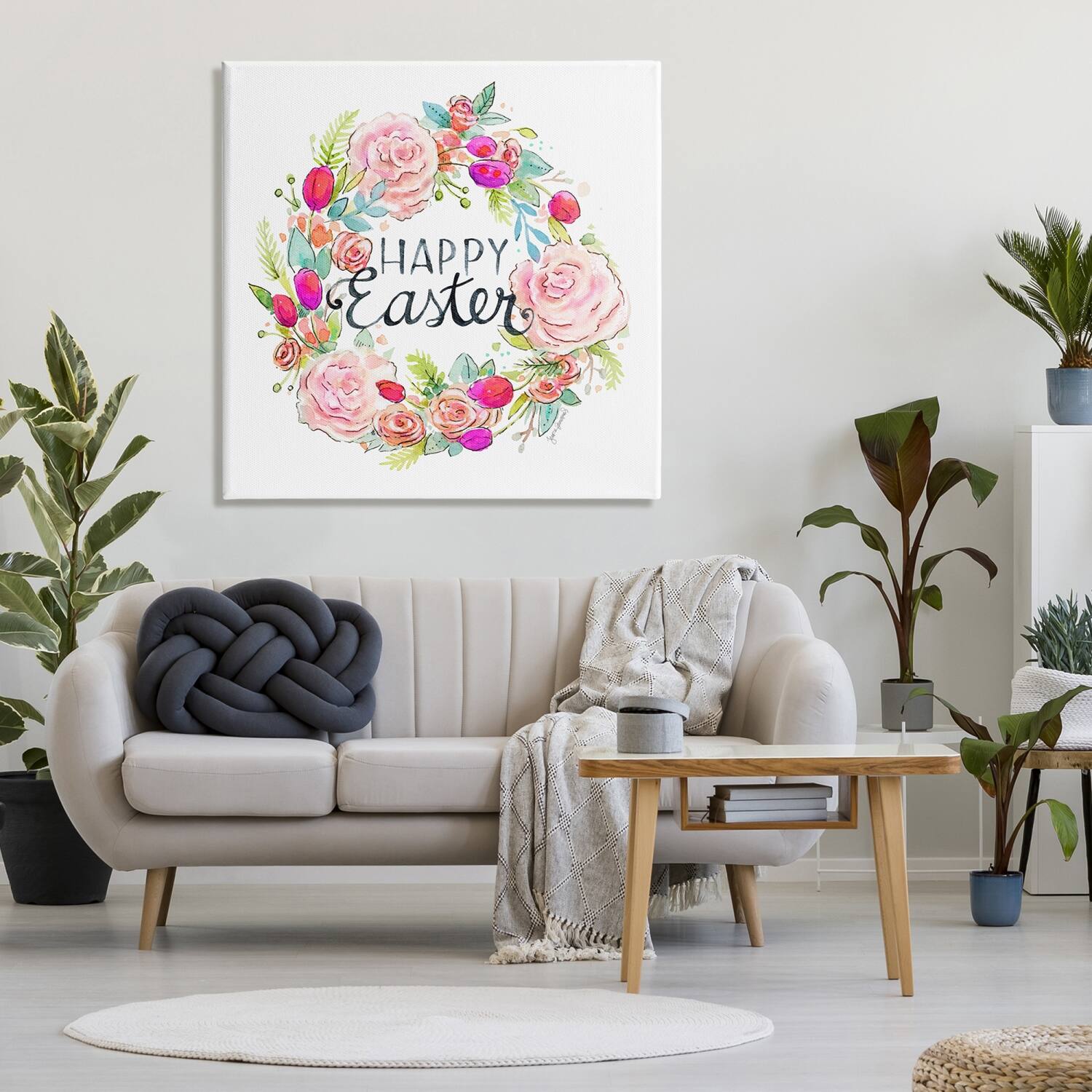 Stupell Industries Happy Easter Vivid Pink Floral Blossom Border Canvas Wall Art