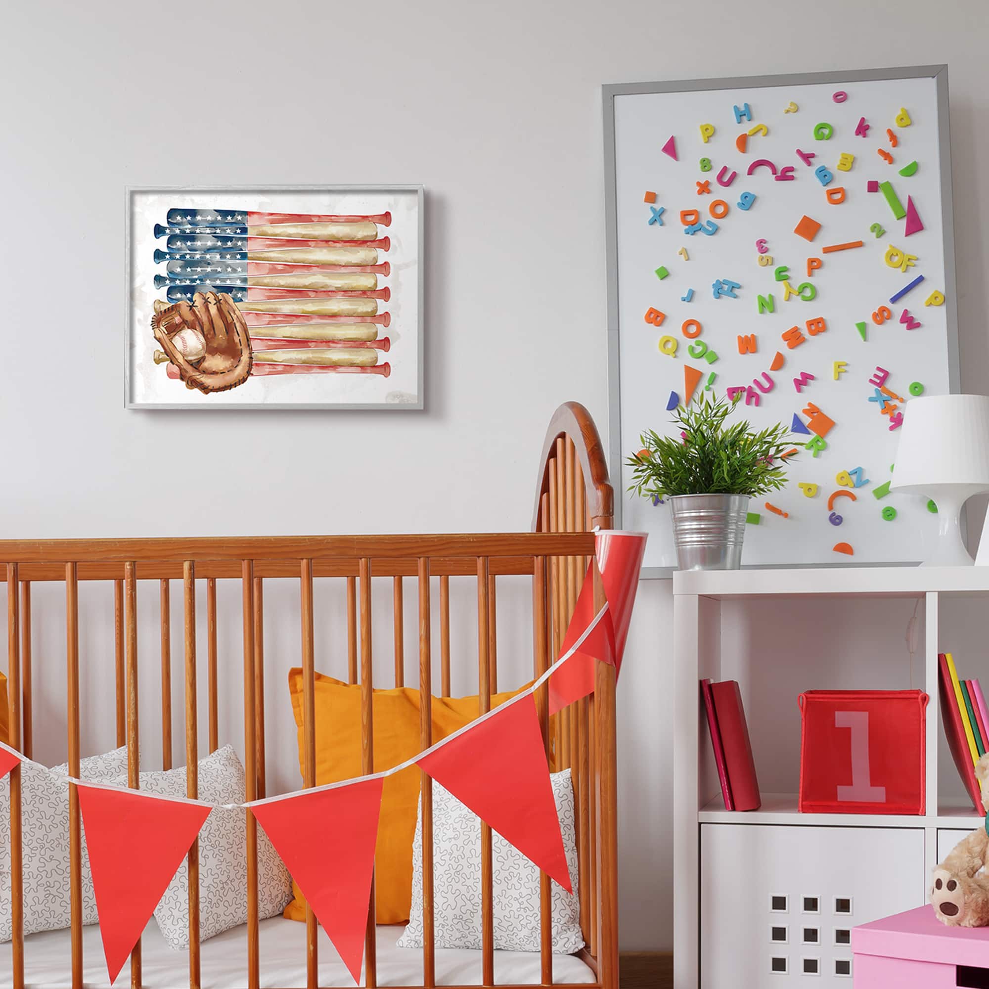 Stupell Industries American Baseball Flag Children's Sports Mitt Framed Wall Art