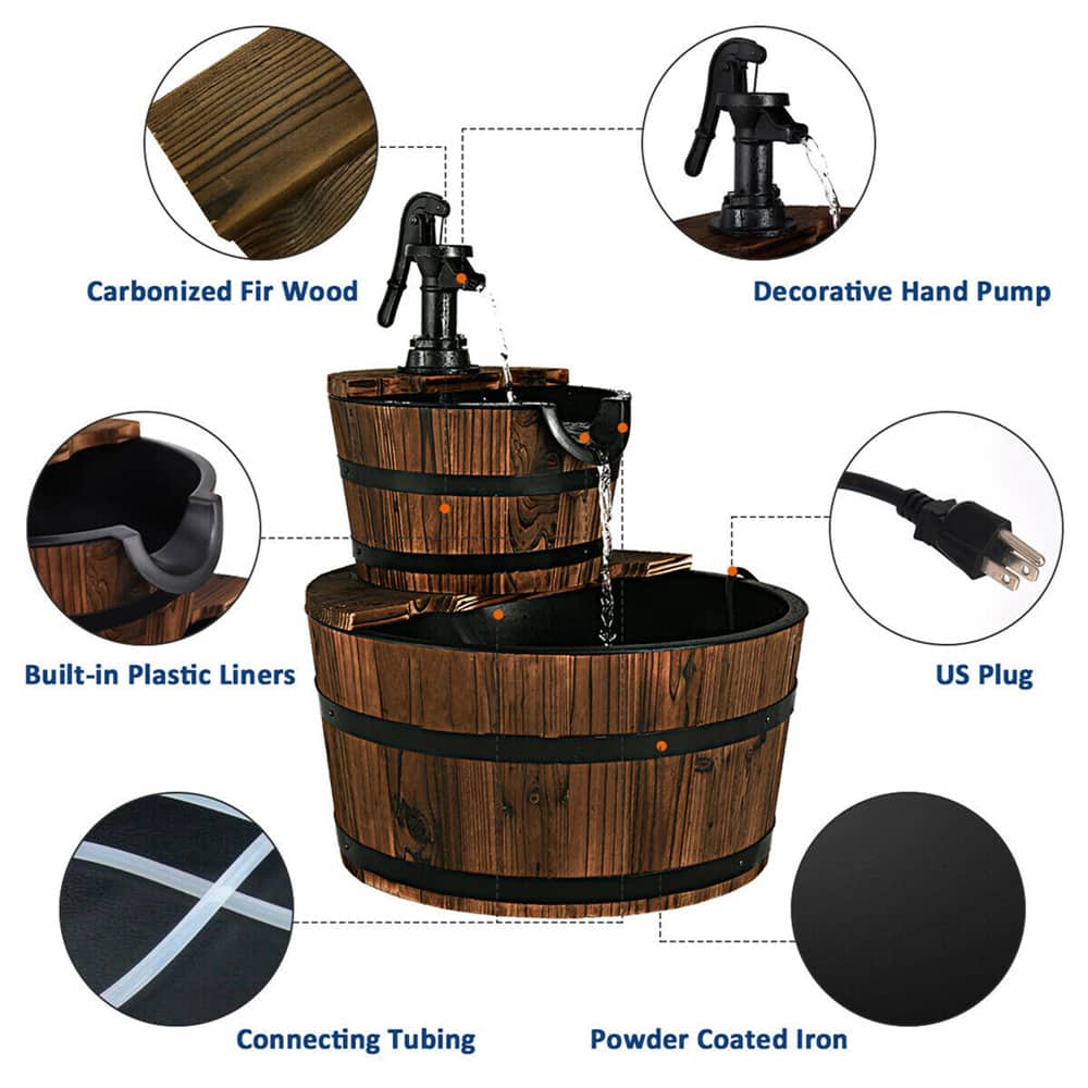 Costway 2-Tier Barrel Wooden Waterfall Fountain
