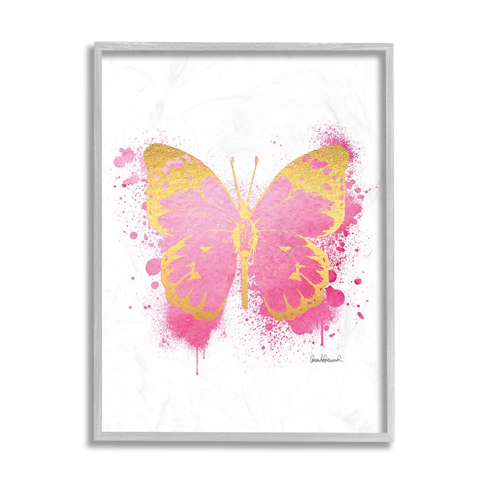 Stupell Industries Hot Pink Pop Butterfly Glam Paint Splatter in Gray Frame Wall Art