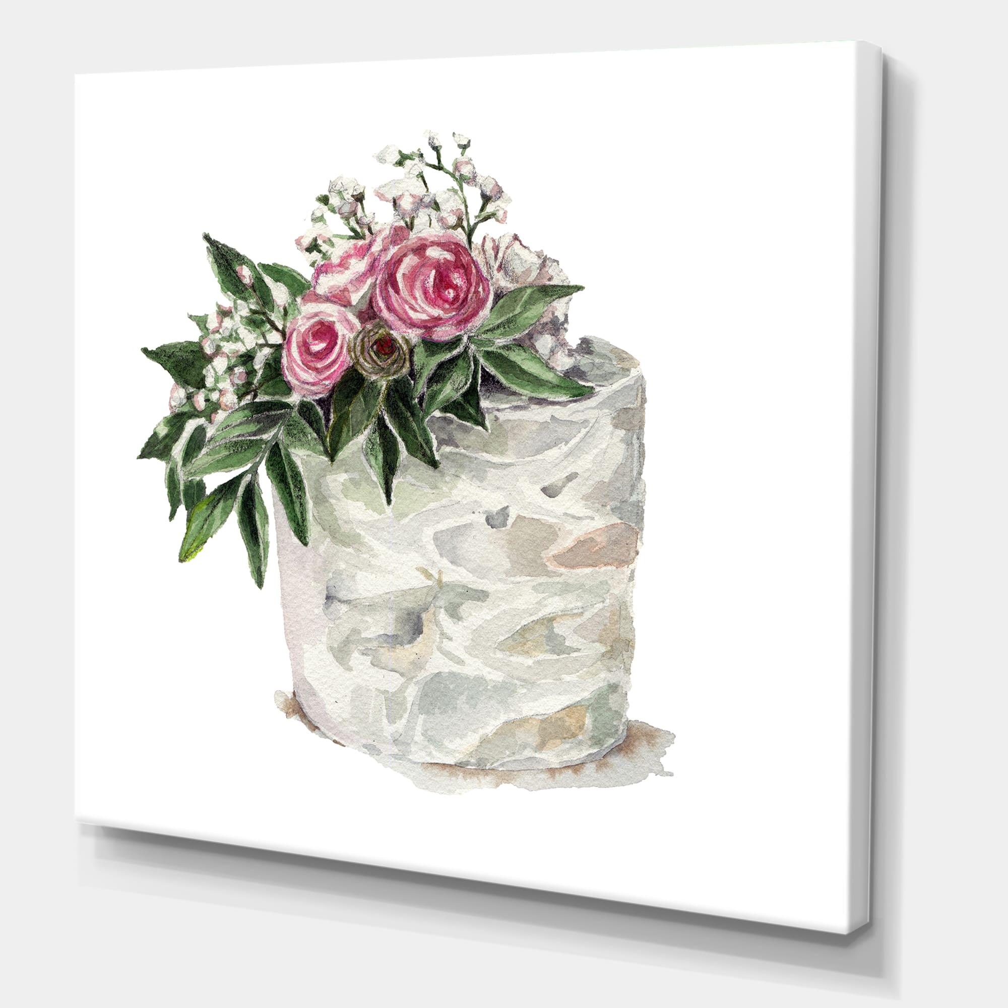 Designart - Pink Roses and White Flowers On Cake - Traditional Canvas Wall Art Print