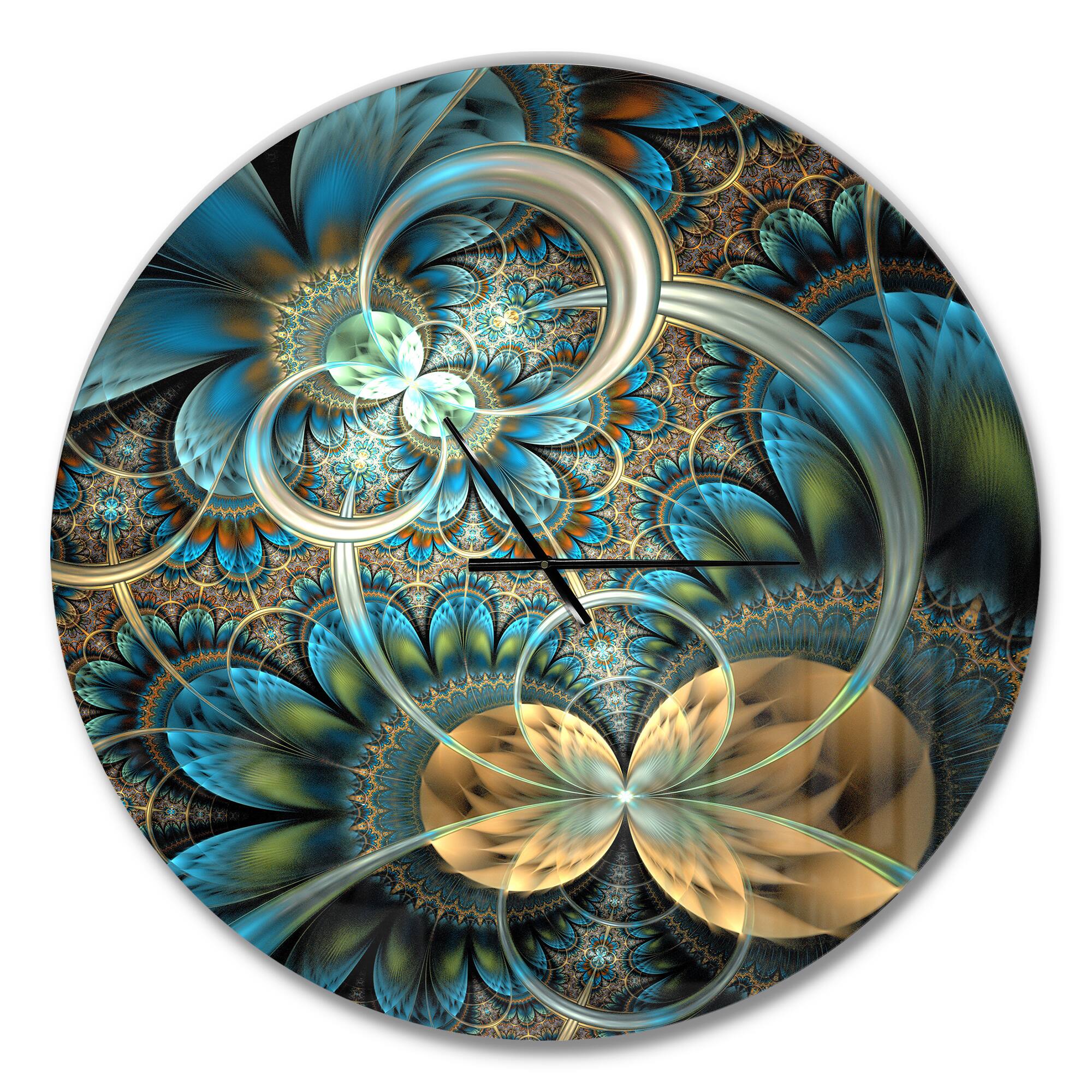 Designart Symmetrical Blue Gold Fractal Flower Modern Wall Clock