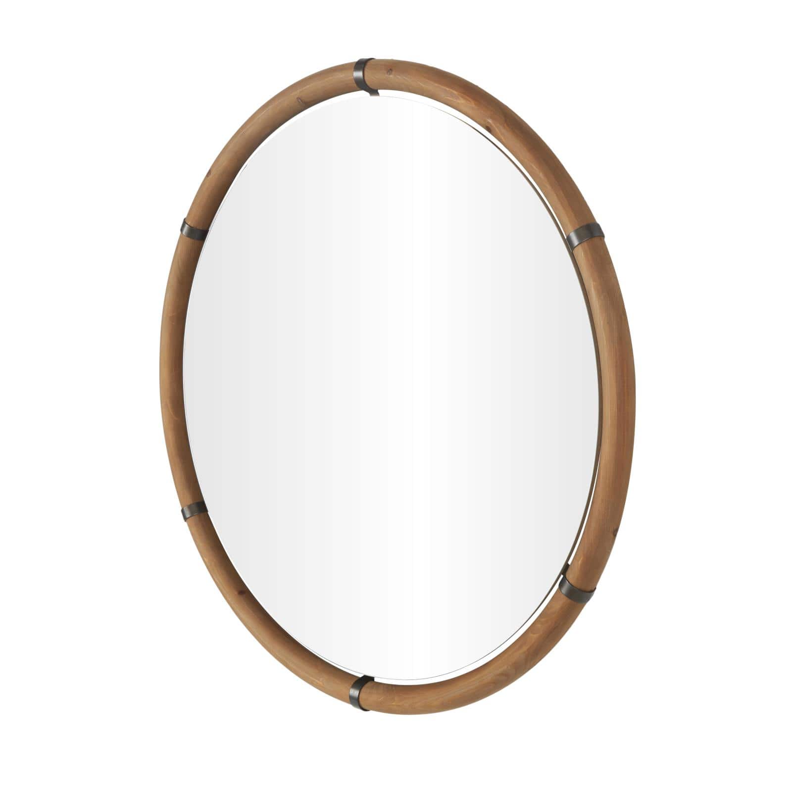 40" x 40" Brown Wood Round Design with Brass Metal Support Wall Mirror