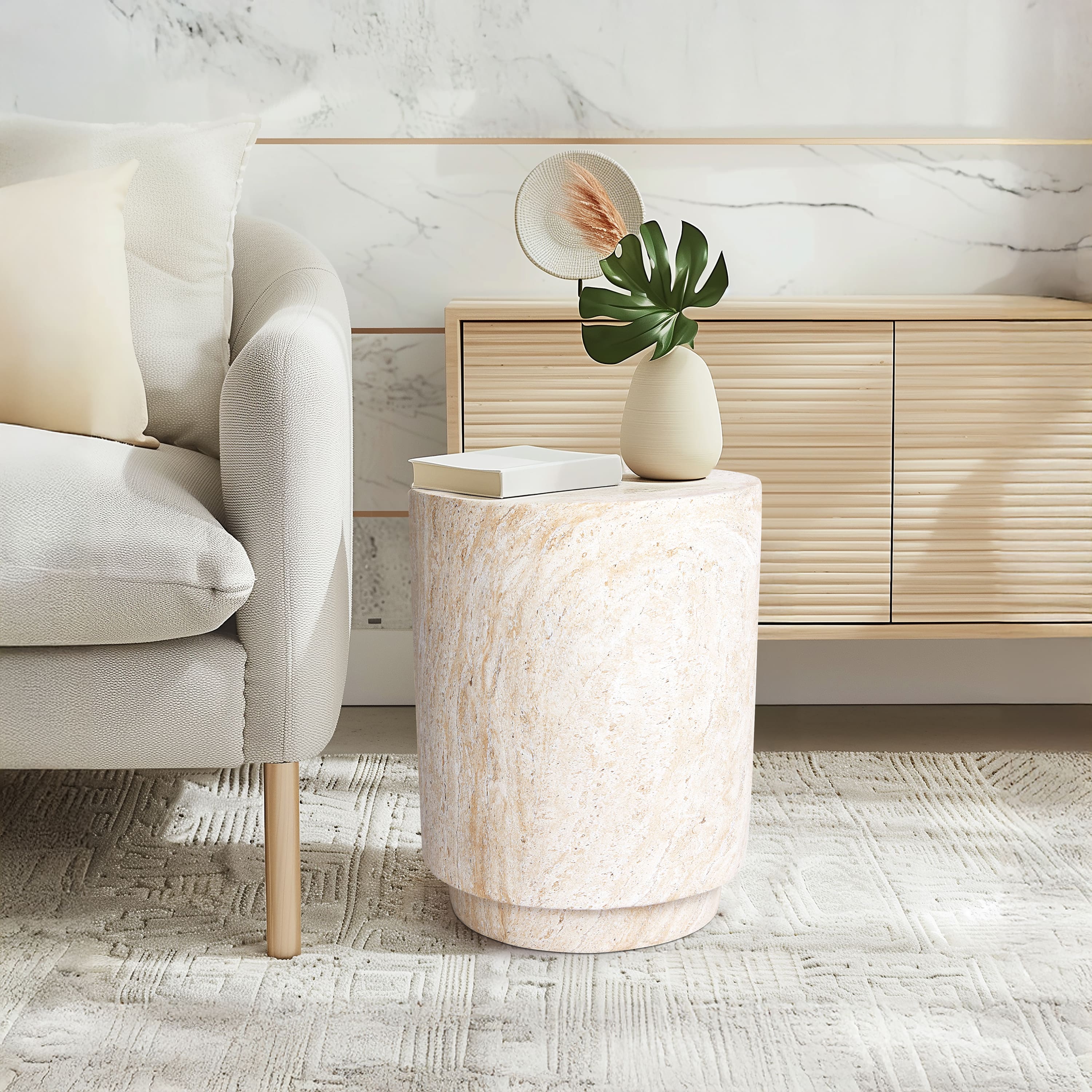 Empire Art Direct 18" Travertine Cylinder Stone Finish MGO Side Accent Table