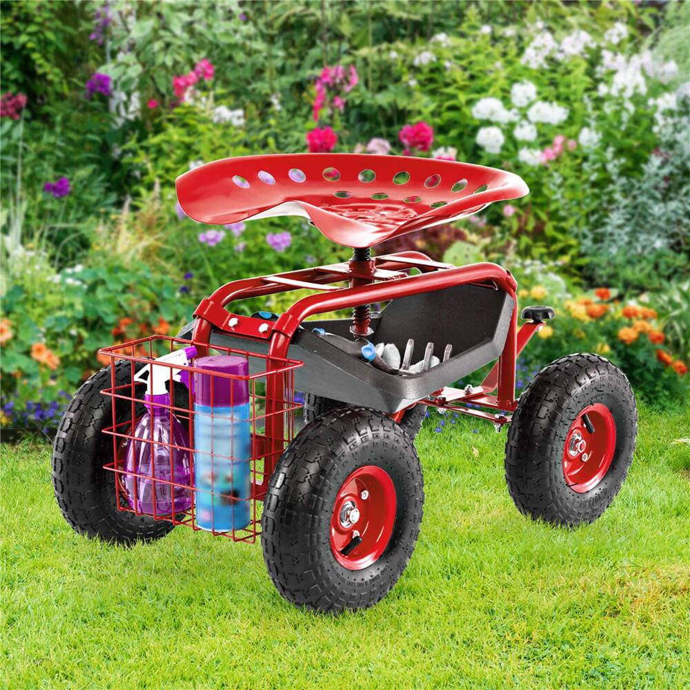 Costway Garden Cart Patio Wagon Rolling Work Seat with Tool Tray Basket
