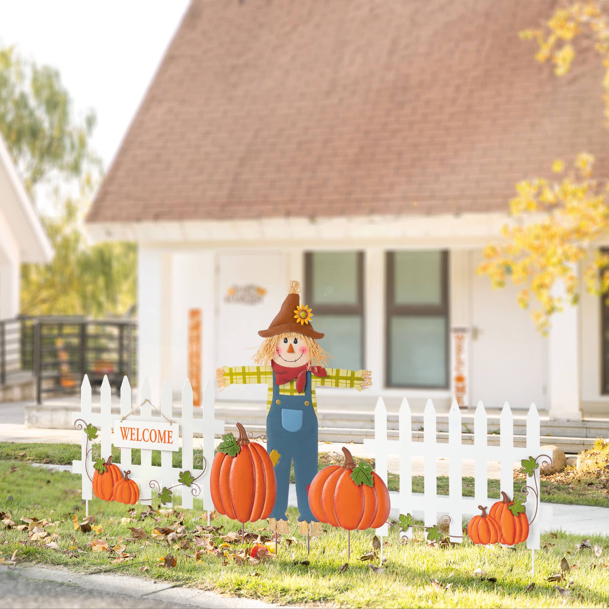 Glitzhome® Fall Metal Scarecrow, Pumpkin & Fence Yard Stake Set